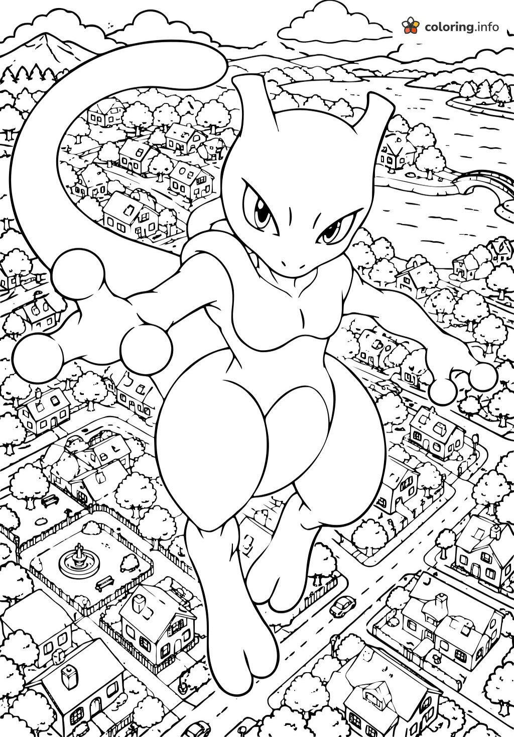 Giant Mewtwo Hovering Over a Peaceful Town coloring page Giant Mewtwo Hovering Over a Peaceful Town coloring page