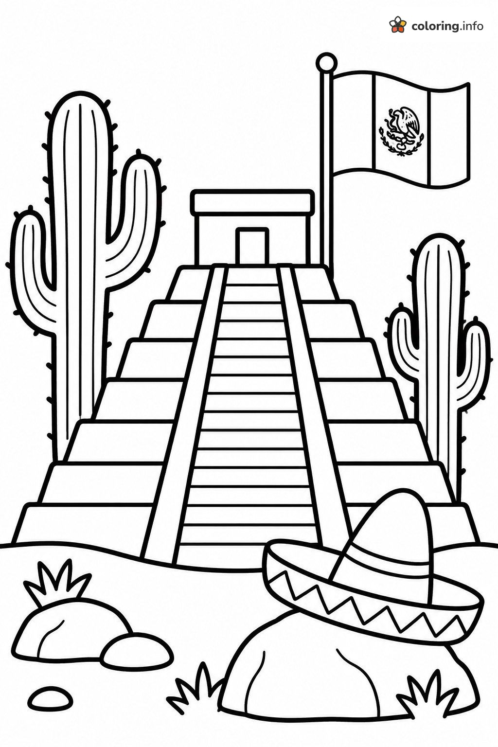 Mexican Pyramid, Sombrero and Cacti for Countries Fans coloring page Mexican Pyramid, Sombrero and Cacti for Countries Fans coloring page