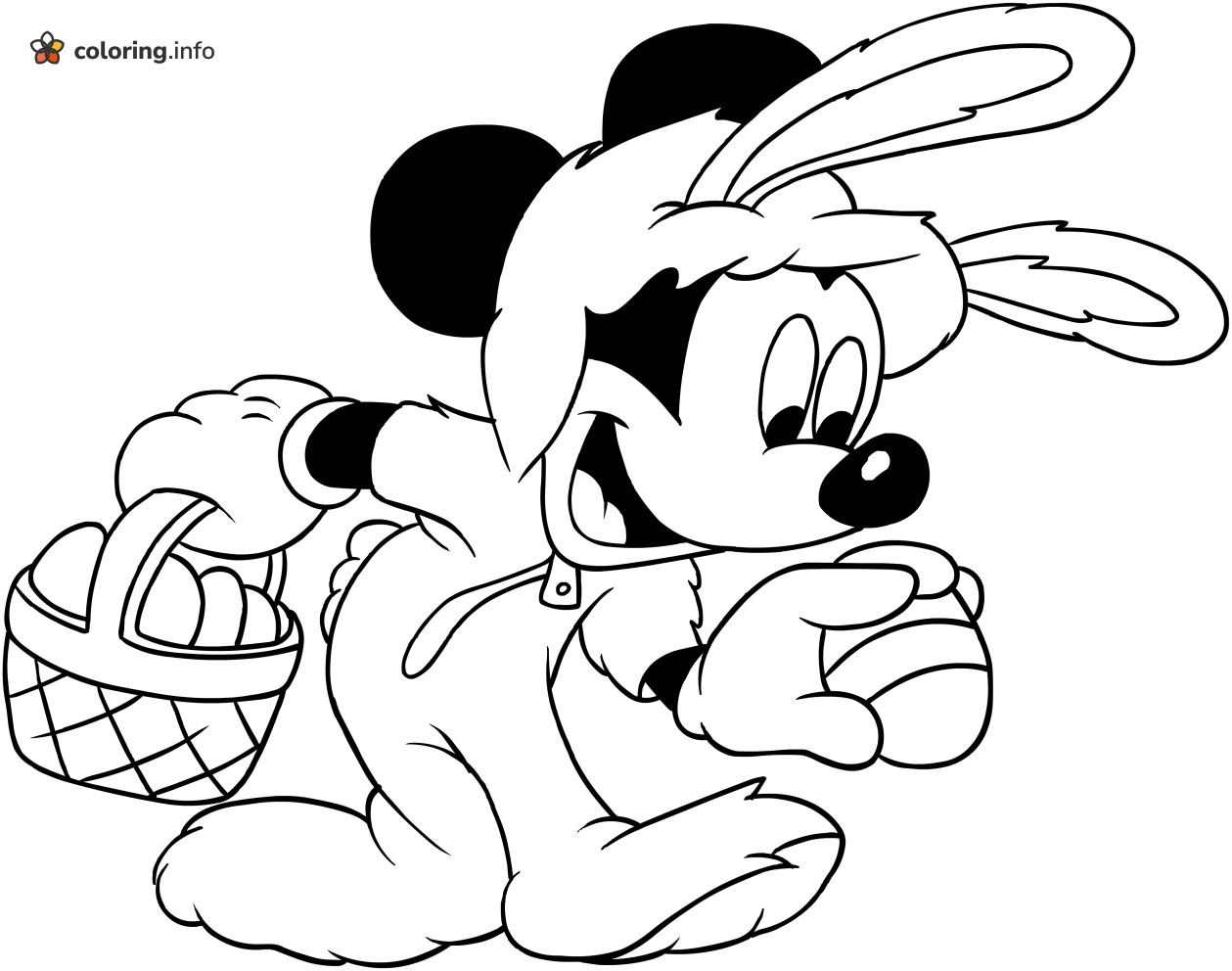 Bunny Suit Mickey Admiring an Egg: Disney Easter Coloring Printable coloring sheet Bunny Suit Mickey Admiring an Egg: Disney Easter Coloring Printable coloring sheet