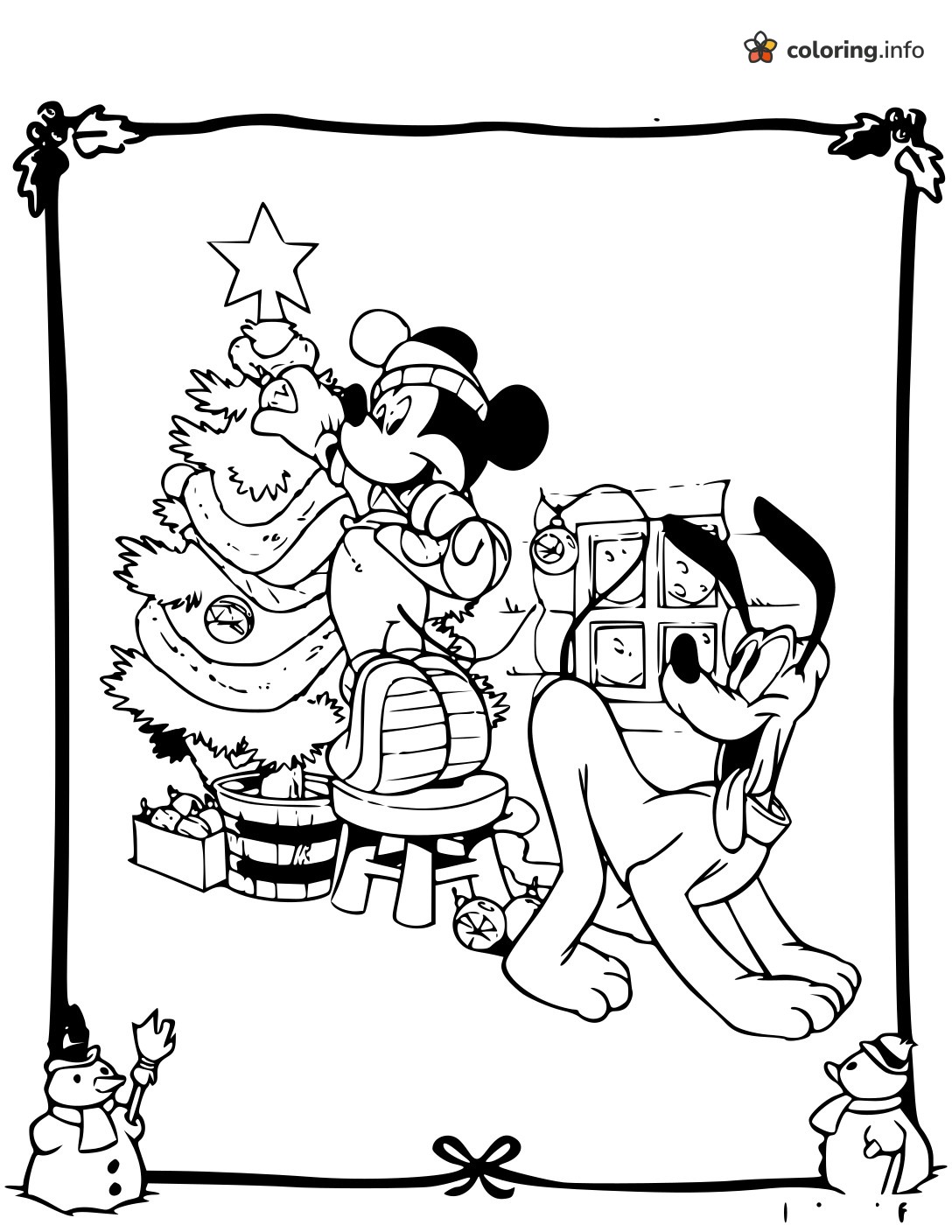 Mickey and Pluto Trimming a Disney Christmas Tree coloring page Mickey and Pluto Trimming a Disney Christmas Tree coloring page