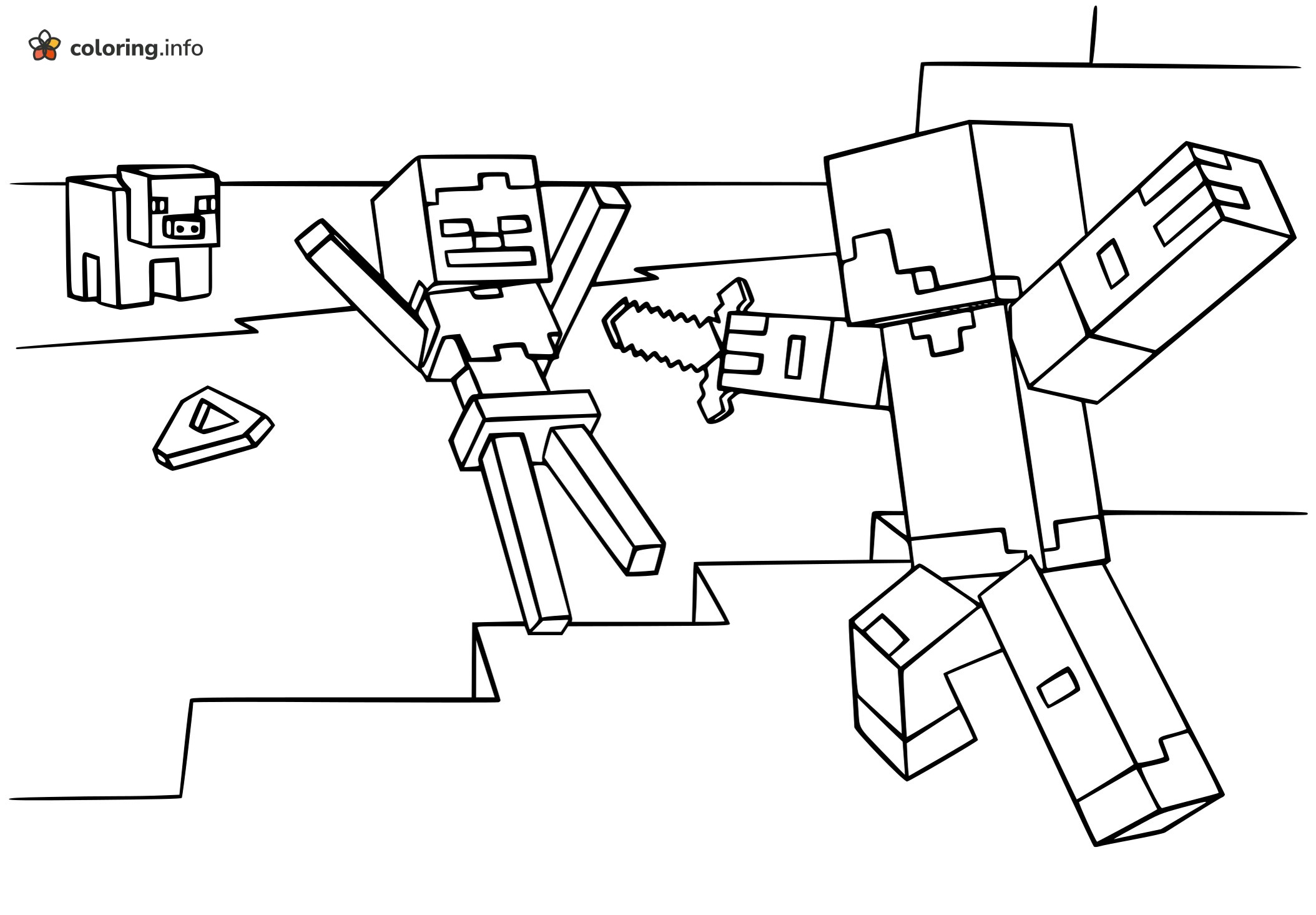 Steve Fighting a Skeleton Next to a Minecraft Pig coloring page Steve Fighting a Skeleton Next to a Minecraft Pig coloring page
