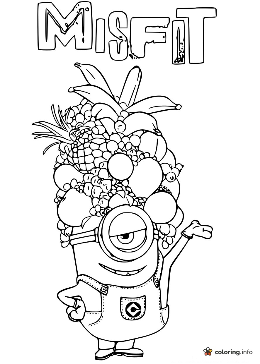 Misfit Minions Balancing a Huge Fruit Pile on His Head coloring page Misfit Minions Balancing a Huge Fruit Pile on His Head coloring page