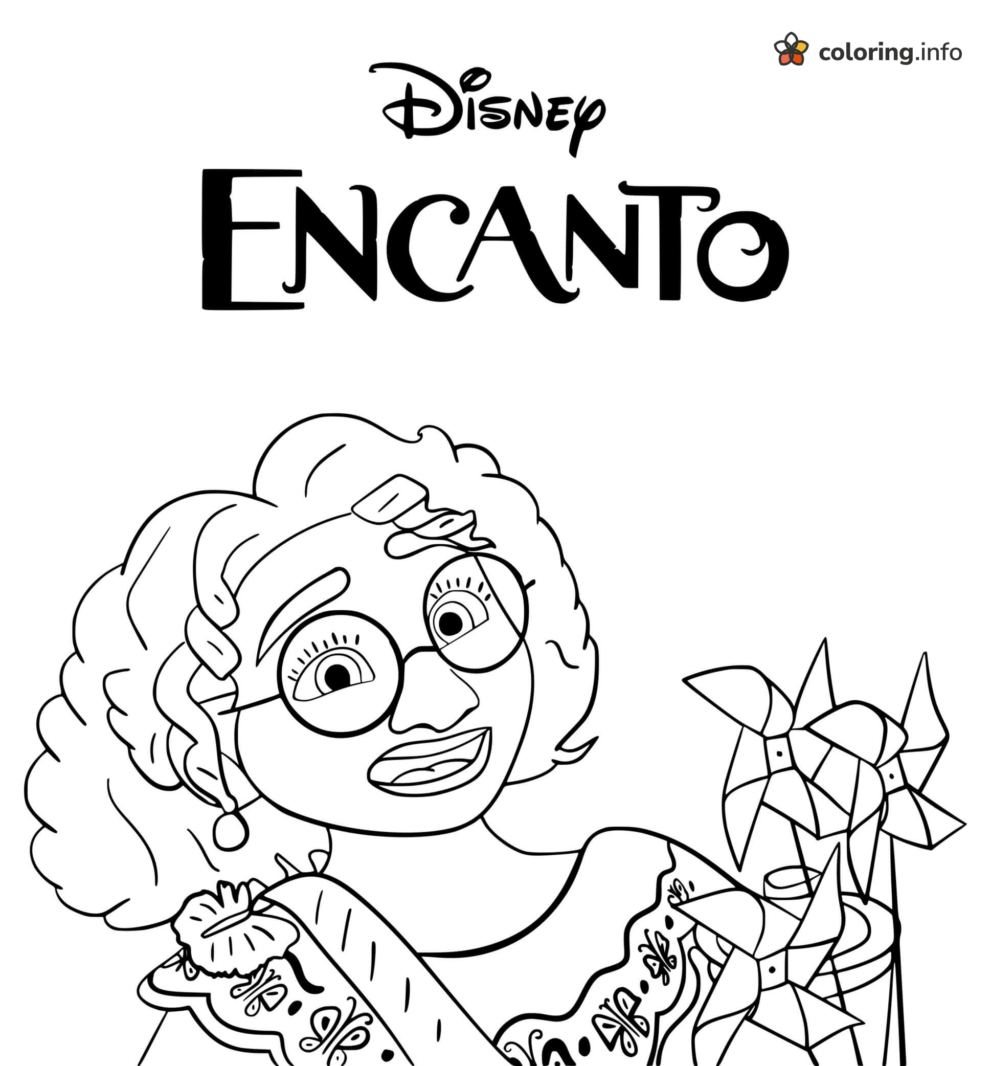Smiling Mirabel and Pinwheels in Encanto printable coloring page Smiling Mirabel and Pinwheels in Encanto printable coloring page