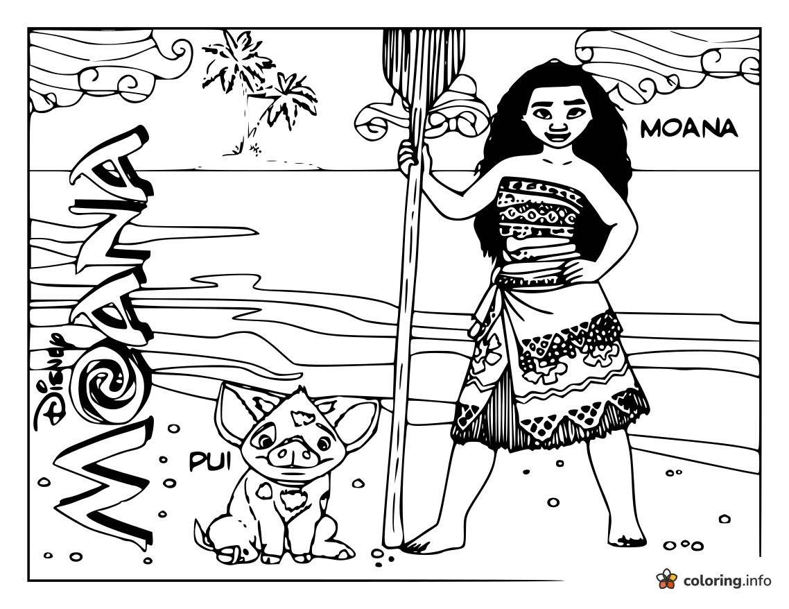 Moana and Pua Together on the Beach With an Oar coloring page Moana and Pua Together on the Beach With an Oar coloring page
