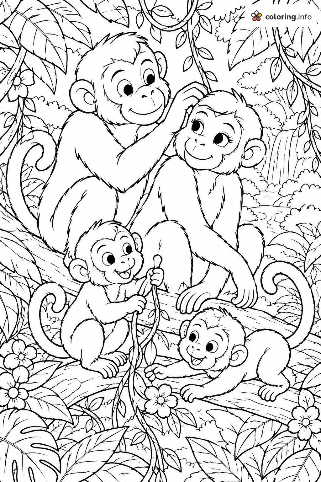 Jungle Monkey Family Grooming on a Branch coloring page Jungle Monkey Family Grooming on a Branch coloring page