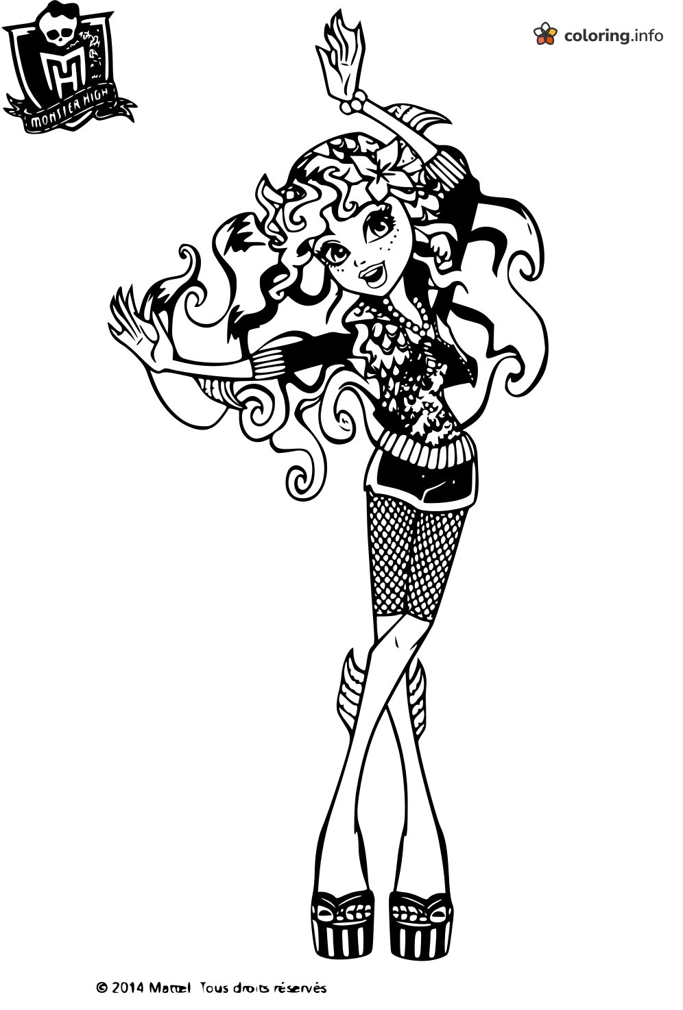 Dancing Monster High Doll with a Big Flower and Curls printable coloring page Dancing Monster High Doll with a Big Flower and Curls printable coloring page