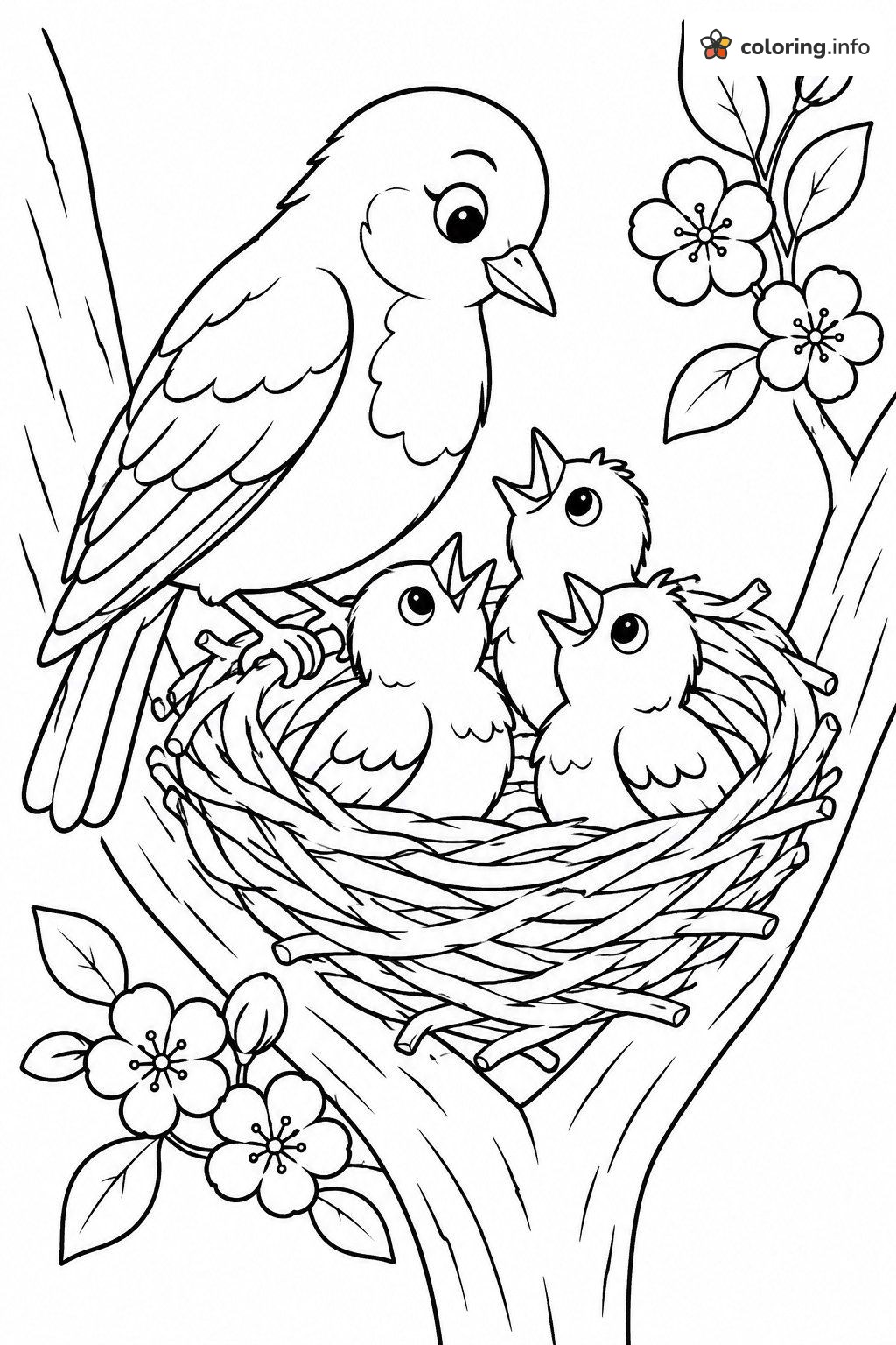 Mama Bird and Three Hungry Chicks, Birds Coloring Page Mama Bird and Three Hungry Chicks, Birds Coloring Page