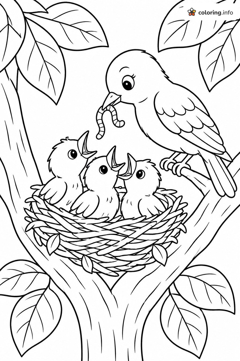 Mama Bird and Hungry Chicks in a Tree Nest coloring page Mama Bird and Hungry Chicks in a Tree Nest coloring page