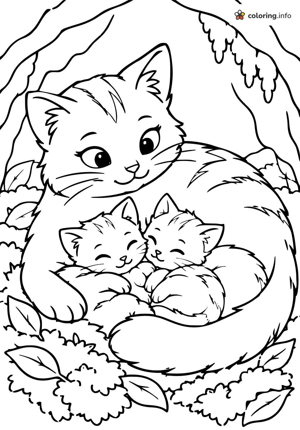 Sleepy Kittens Snuggled by Mama in a Warrior Cats Leaf Nest printable coloring page Sleepy Kittens Snuggled by Mama in a Warrior Cats Leaf Nest printable coloring page