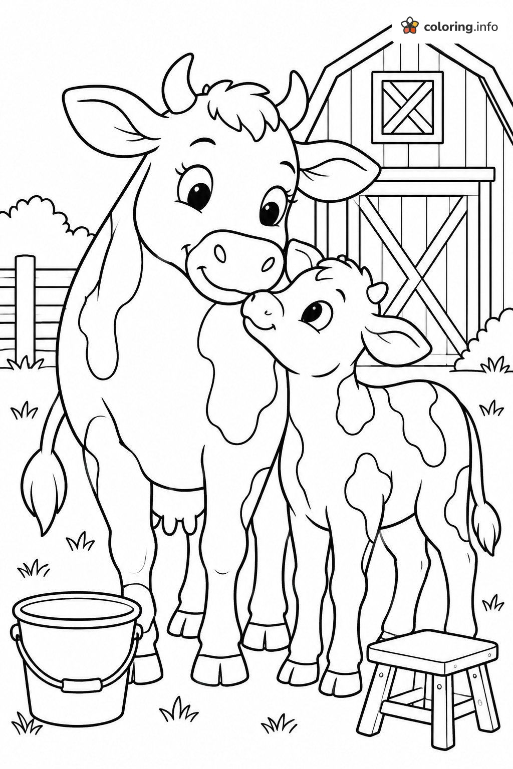 Cow and Calf Nuzzling Near the Red Barn (Farm Animals (General) Coloring) coloring sheet Cow and Calf Nuzzling Near the Red Barn (Farm Animals (General) Coloring) coloring sheet