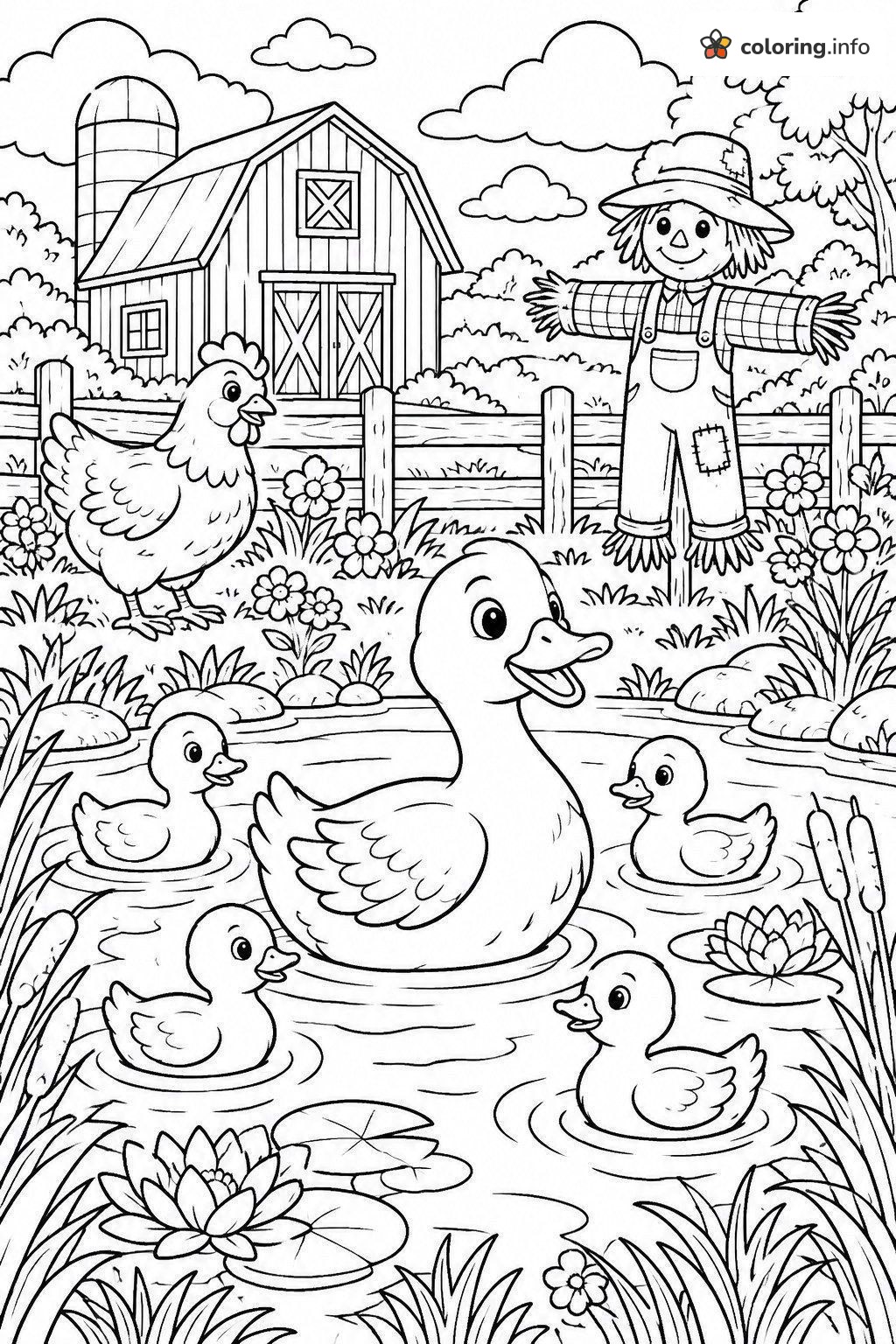 Farm Pond Ducks with a Scarecrow and Barn coloring page Farm Pond Ducks with a Scarecrow and Barn coloring page