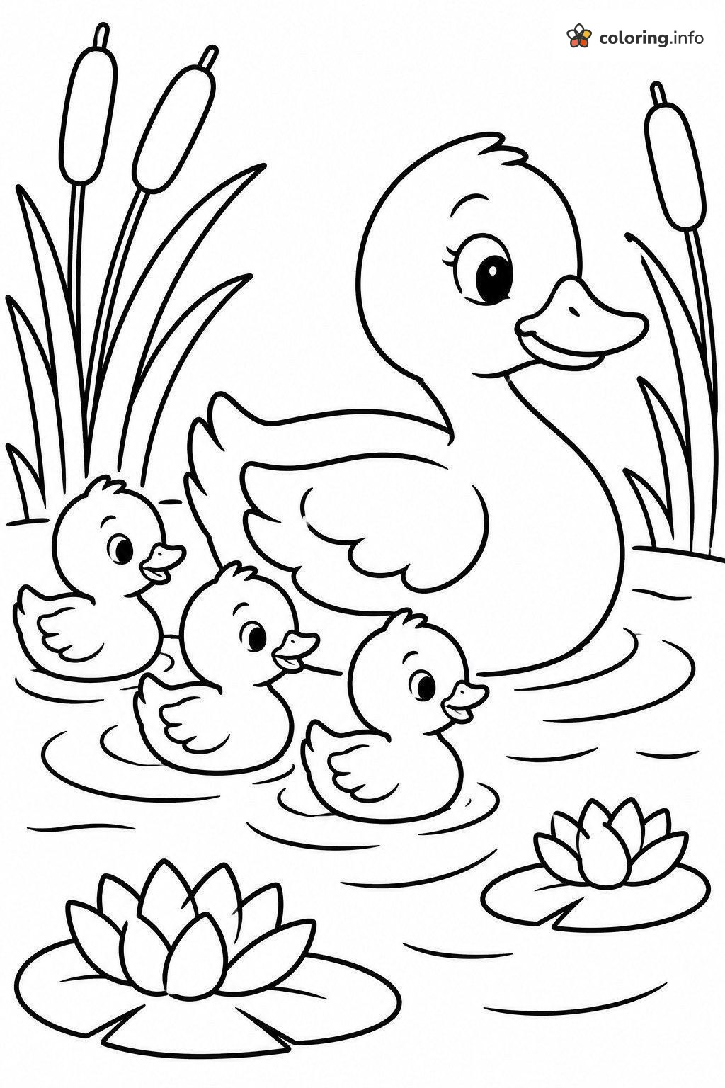 Mother Duck Swimming With Three Ducklings in a Pond coloring page Mother Duck Swimming With Three Ducklings in a Pond coloring page