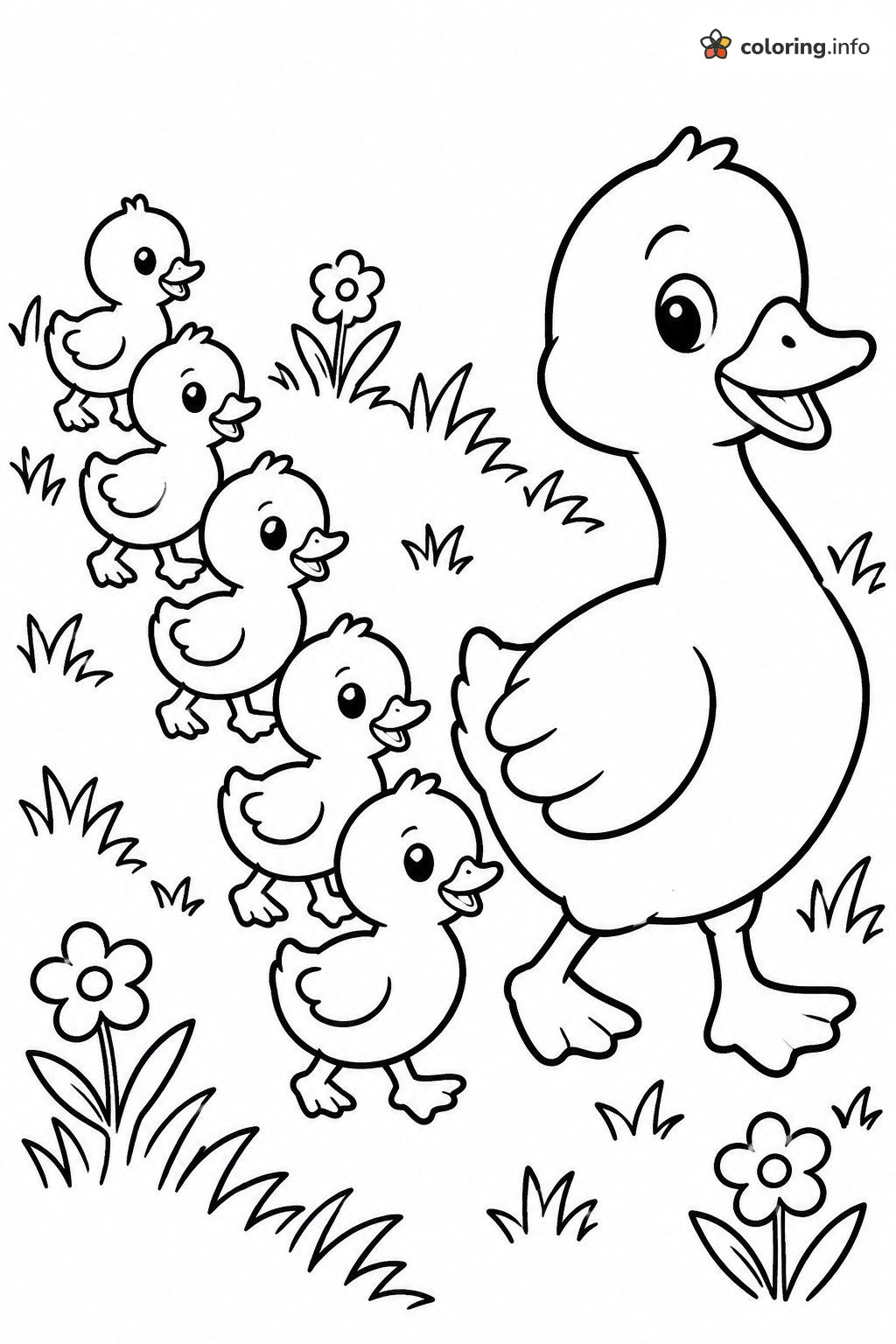 Mama Duck and Five Ducklings Waddling Through the Meadow coloring page Mama Duck and Five Ducklings Waddling Through the Meadow coloring page