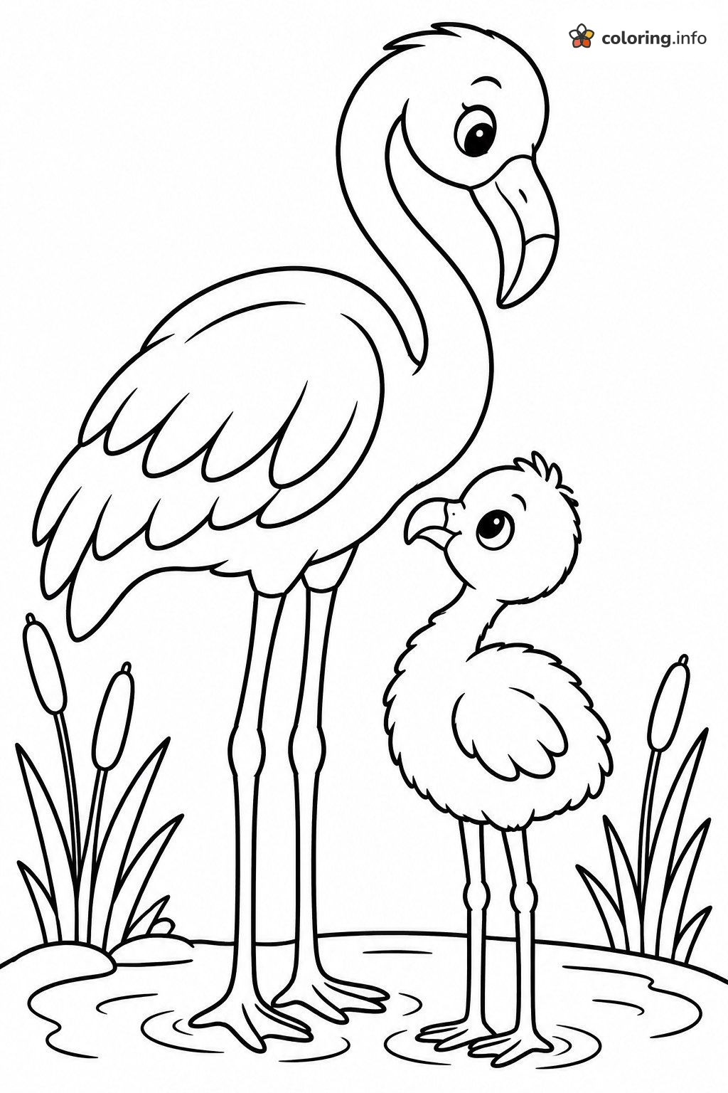 Mama Flamingo With Her Fluffy Chick by the Cattails printable coloring page Mama Flamingo With Her Fluffy Chick by the Cattails printable coloring page