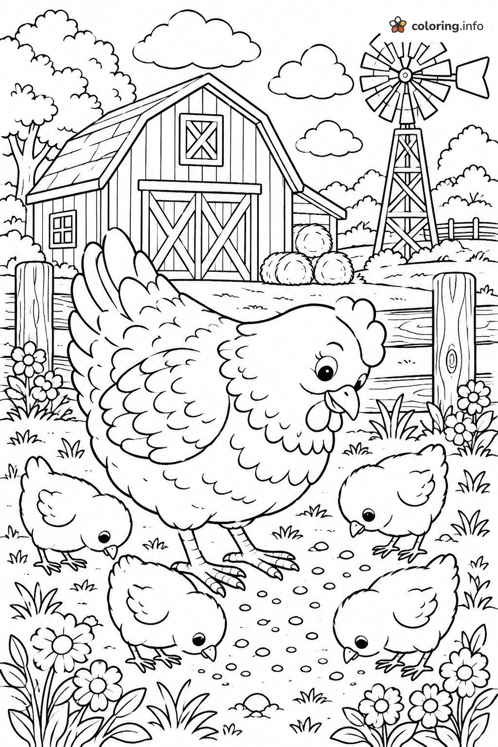 Baby Chicks Pecking Seeds Near the Red Barn coloring page Baby Chicks Pecking Seeds Near the Red Barn coloring page