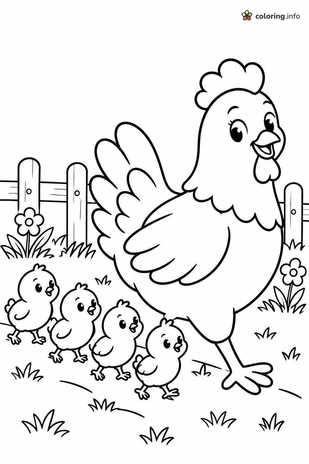 Hen Leading Her Chicks Along the Fence, Farm Animals coloring page Hen Leading Her Chicks Along the Fence, Farm Animals coloring page