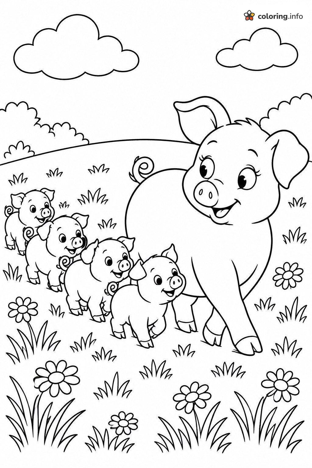 Mama Pig and Her Four Piglets in the Meadow coloring page Mama Pig and Her Four Piglets in the Meadow coloring page