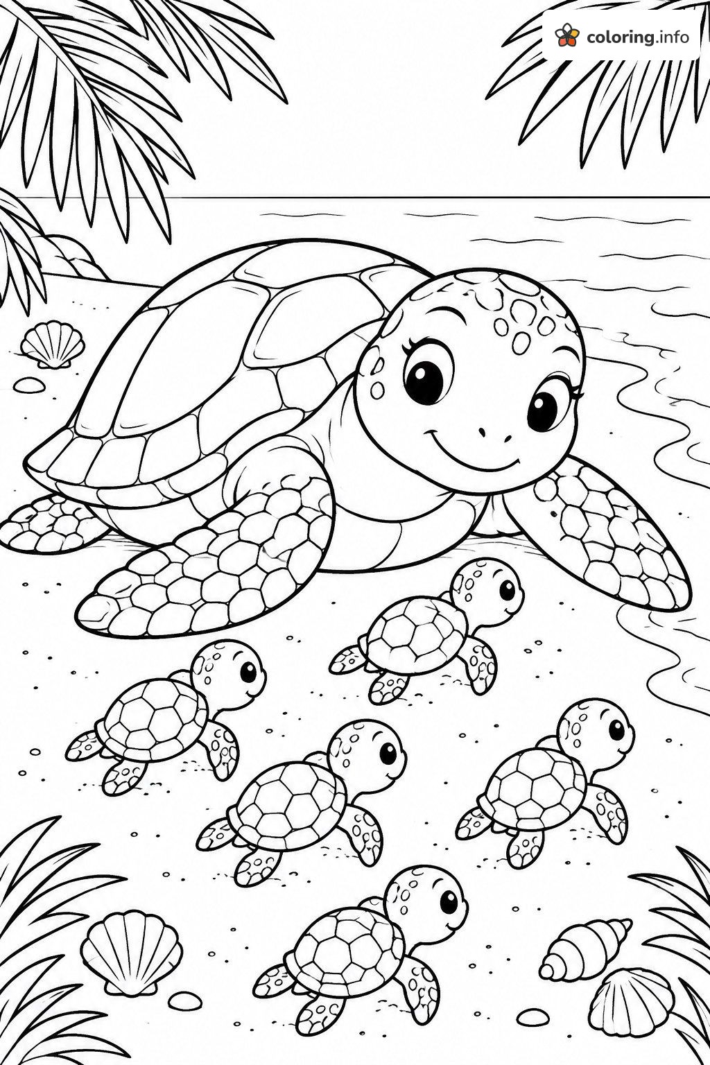 Turtle Mom Watching Her Five Hatchlings Crawl to the Sea coloring page Turtle Mom Watching Her Five Hatchlings Crawl to the Sea coloring page