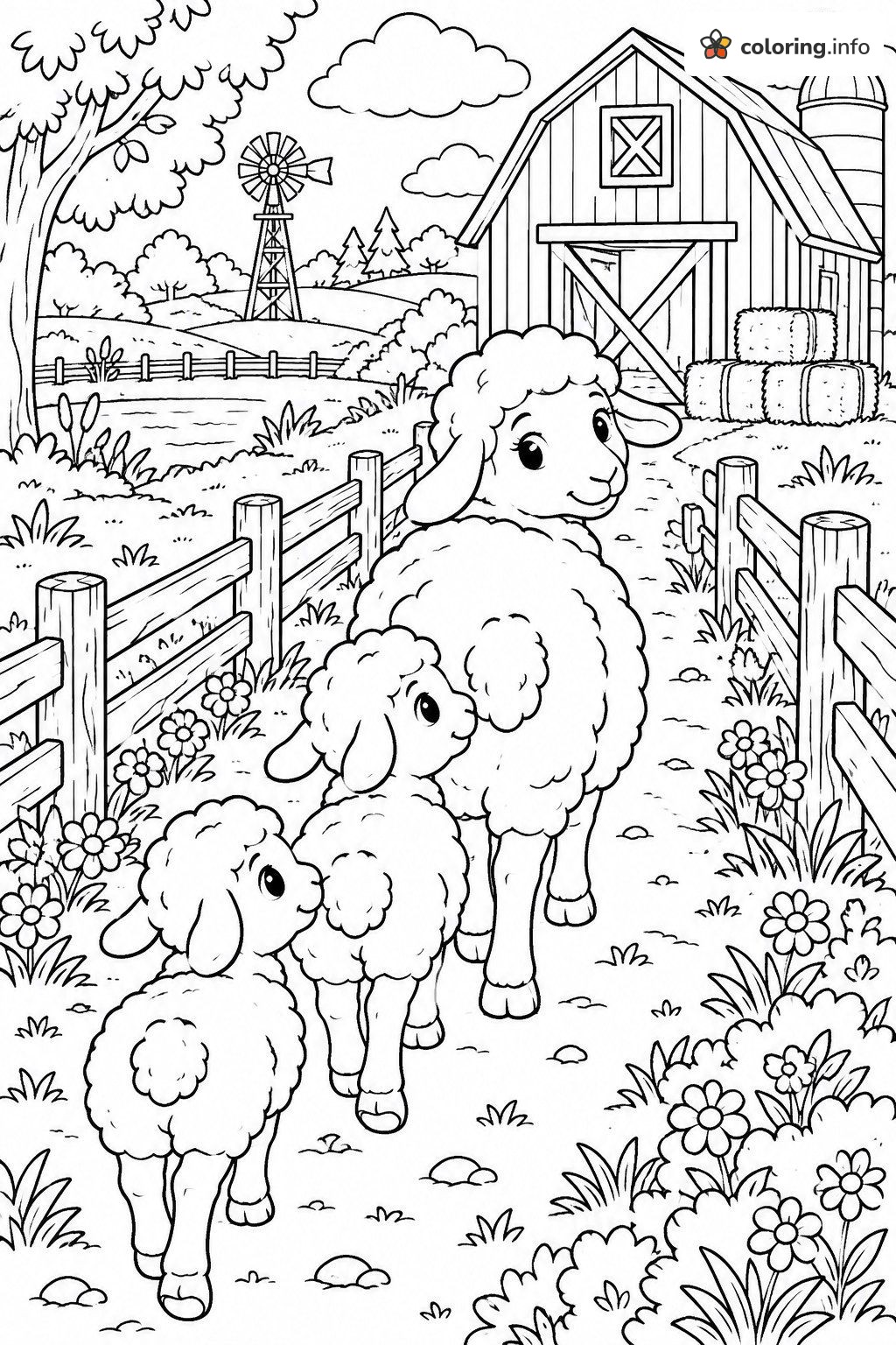 Mother Sheep Leading Two Lambs Down a Dirt Path coloring page Mother Sheep Leading Two Lambs Down a Dirt Path coloring page