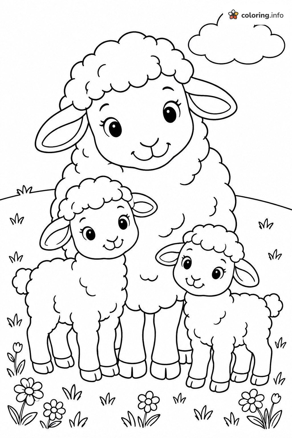 Sheep Mom and Two Lambs on a Flower Hill, Farm Animals coloring page Sheep Mom and Two Lambs on a Flower Hill, Farm Animals coloring page