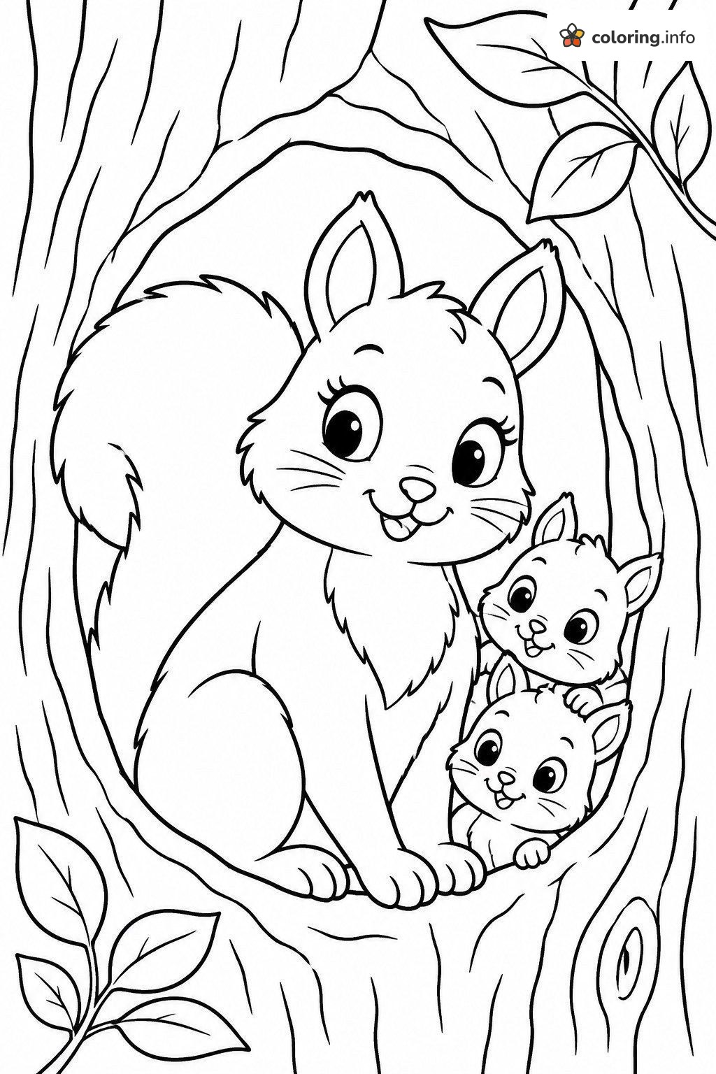 Squirrel Mama with Two Babies Peeking from a Hollow coloring page Squirrel Mama with Two Babies Peeking from a Hollow coloring page
