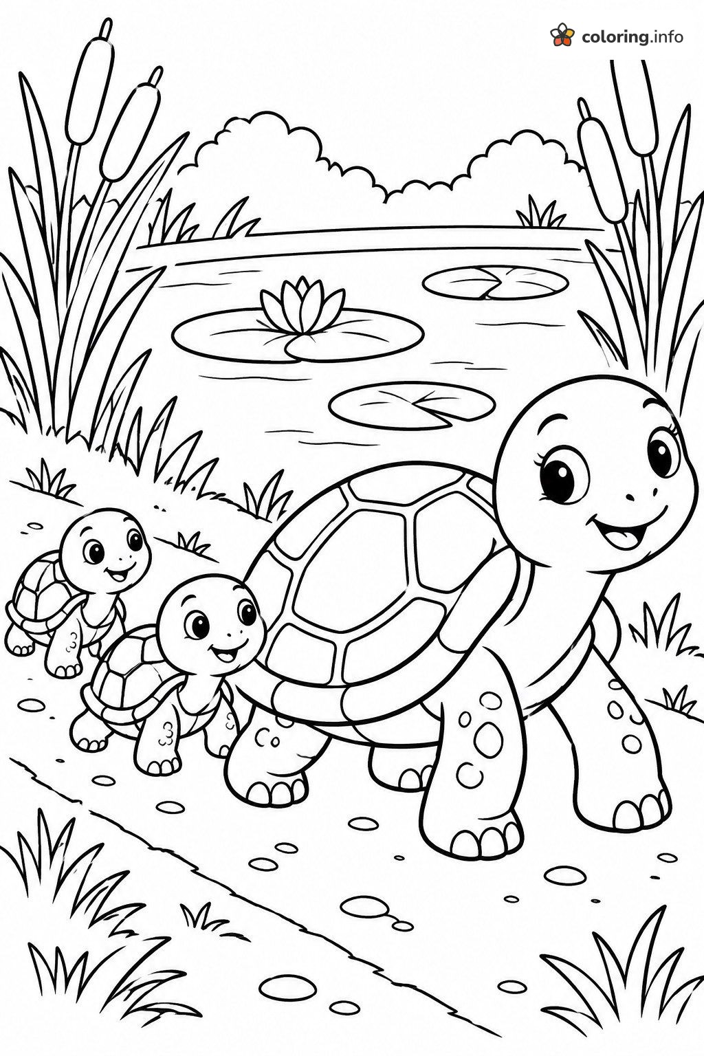 Turtle Mom and Her Two Babies by the Pond: Reptiles Printable coloring sheet Turtle Mom and Her Two Babies by the Pond: Reptiles Printable coloring sheet