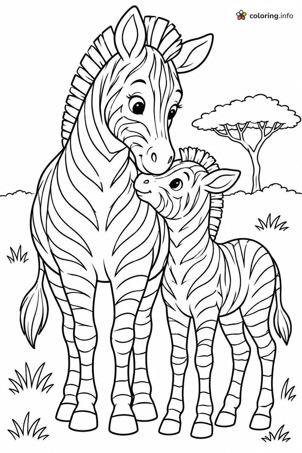 Mother Zebra and Her Foal Nuzzling on the Savanna coloring page Mother Zebra and Her Foal Nuzzling on the Savanna coloring page