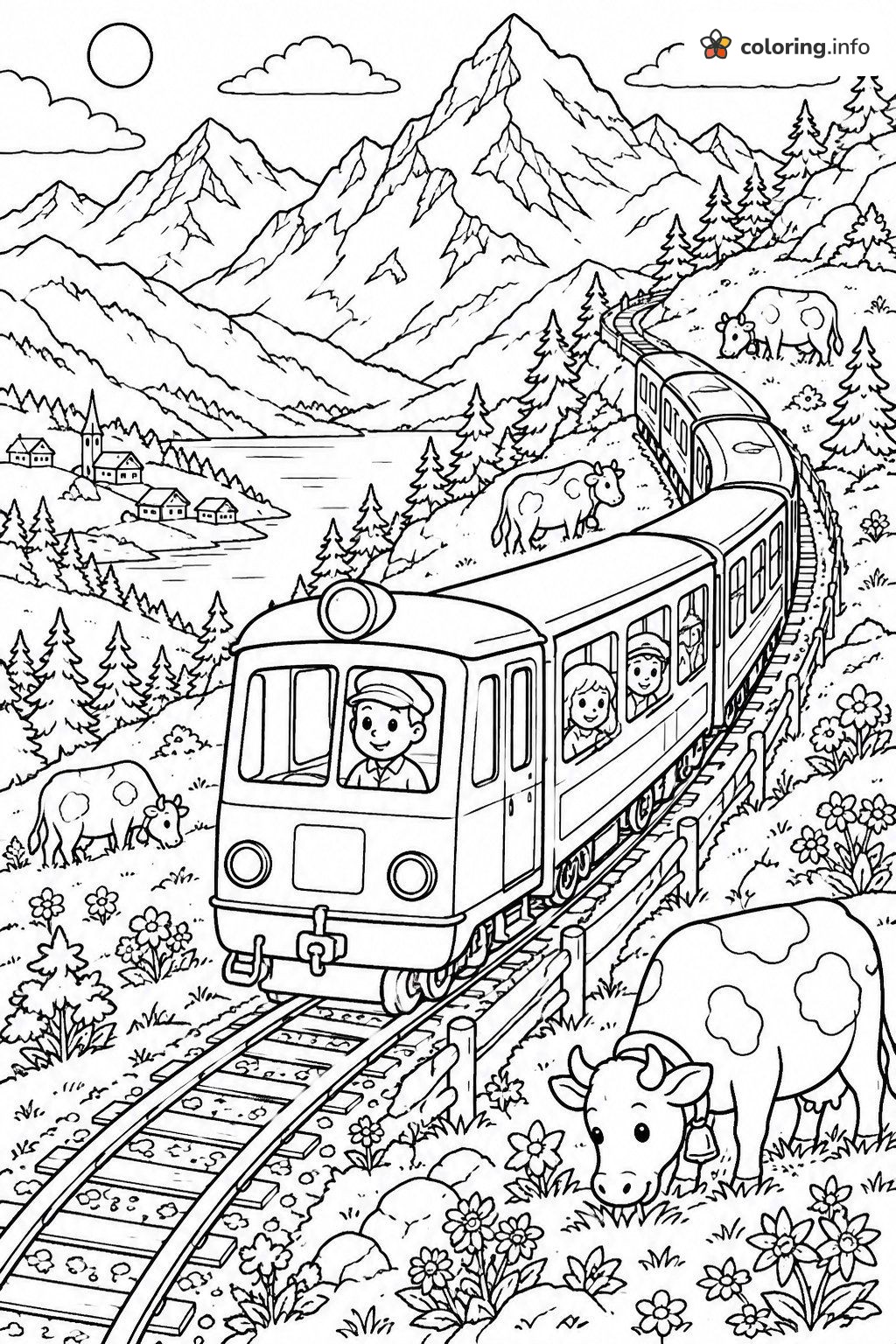 Alpine Meadow Trains Scene With Cows, Flowers and a Waving Conductor coloring sheet Alpine Meadow Trains Scene With Cows, Flowers and a Waving Conductor coloring sheet