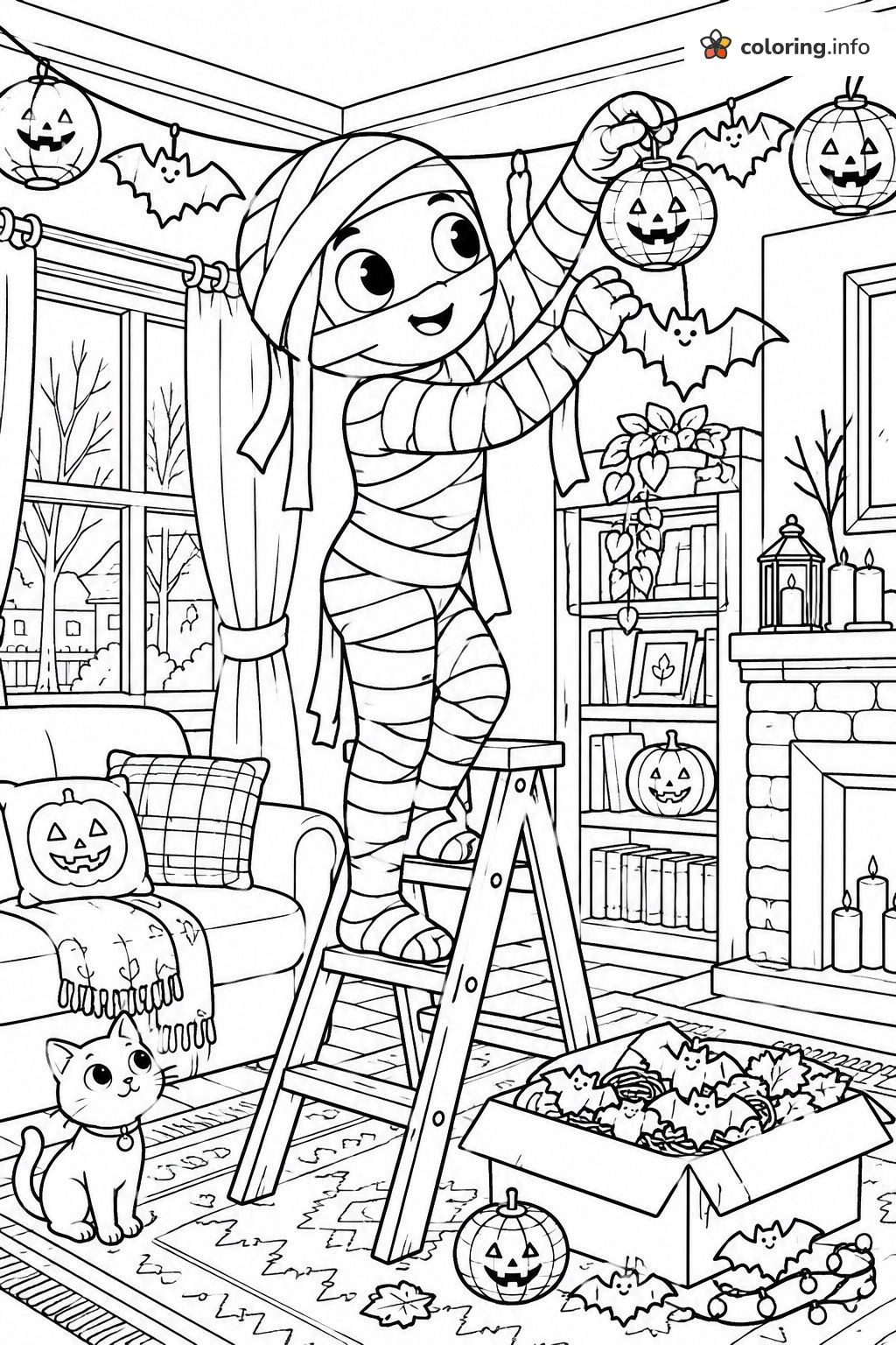 Mummy on a Ladder Hanging Halloween Garlands coloring page Mummy on a Ladder Hanging Halloween Garlands coloring page