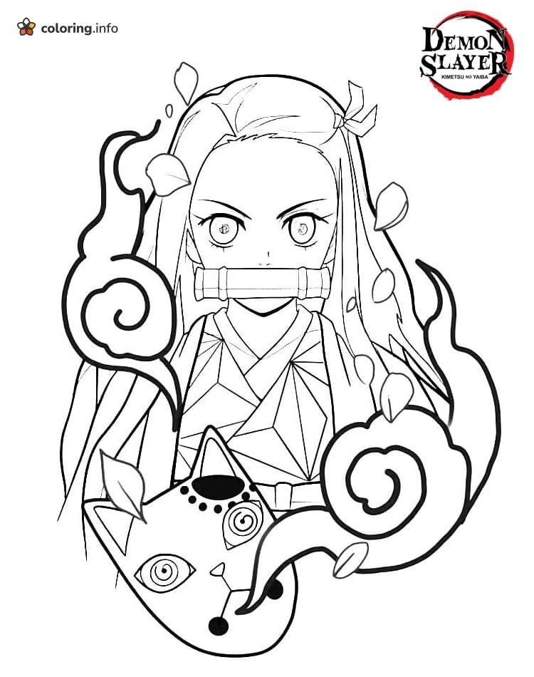 Nezuko Portrait with Fox Mask and Swirling Flames, Demon Slayer coloring page Nezuko Portrait with Fox Mask and Swirling Flames, Demon Slayer coloring page