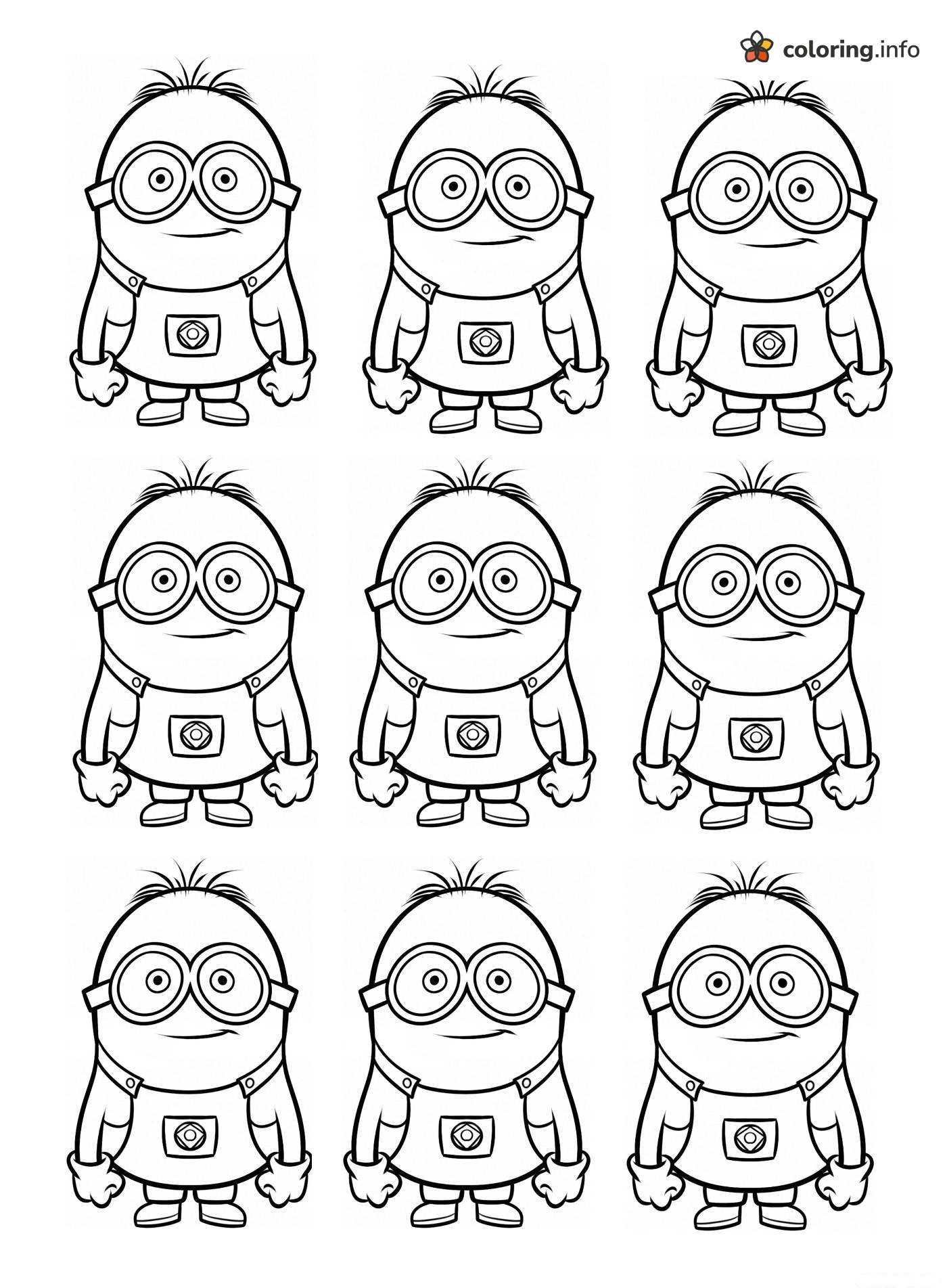 Whole Crew of Nine Minions Lined Up in Rows coloring page Whole Crew of Nine Minions Lined Up in Rows coloring page