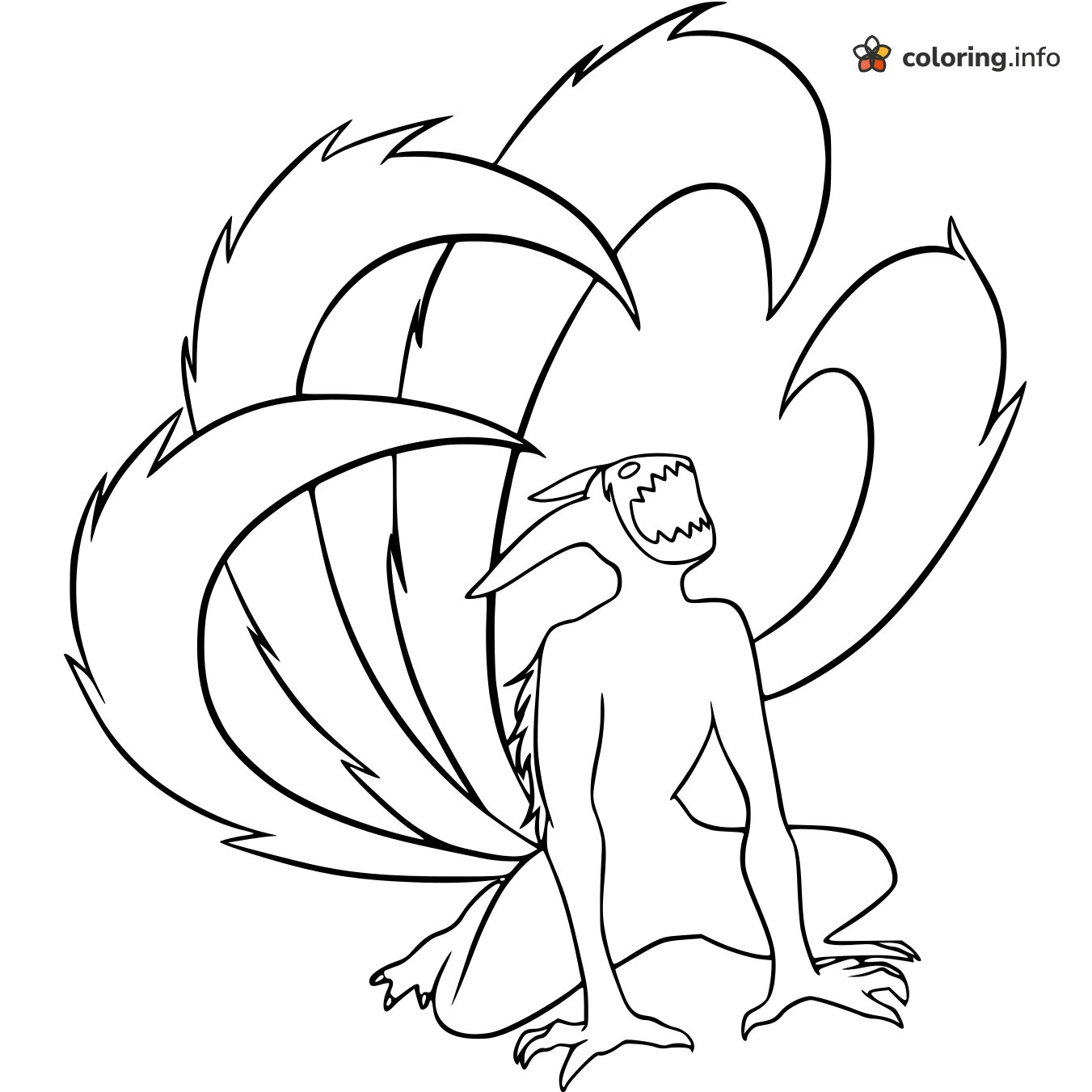 Roaring Nine-Tailed Fox with Fanned Tails, Naruto Style coloring page Roaring Nine-Tailed Fox with Fanned Tails, Naruto Style coloring page