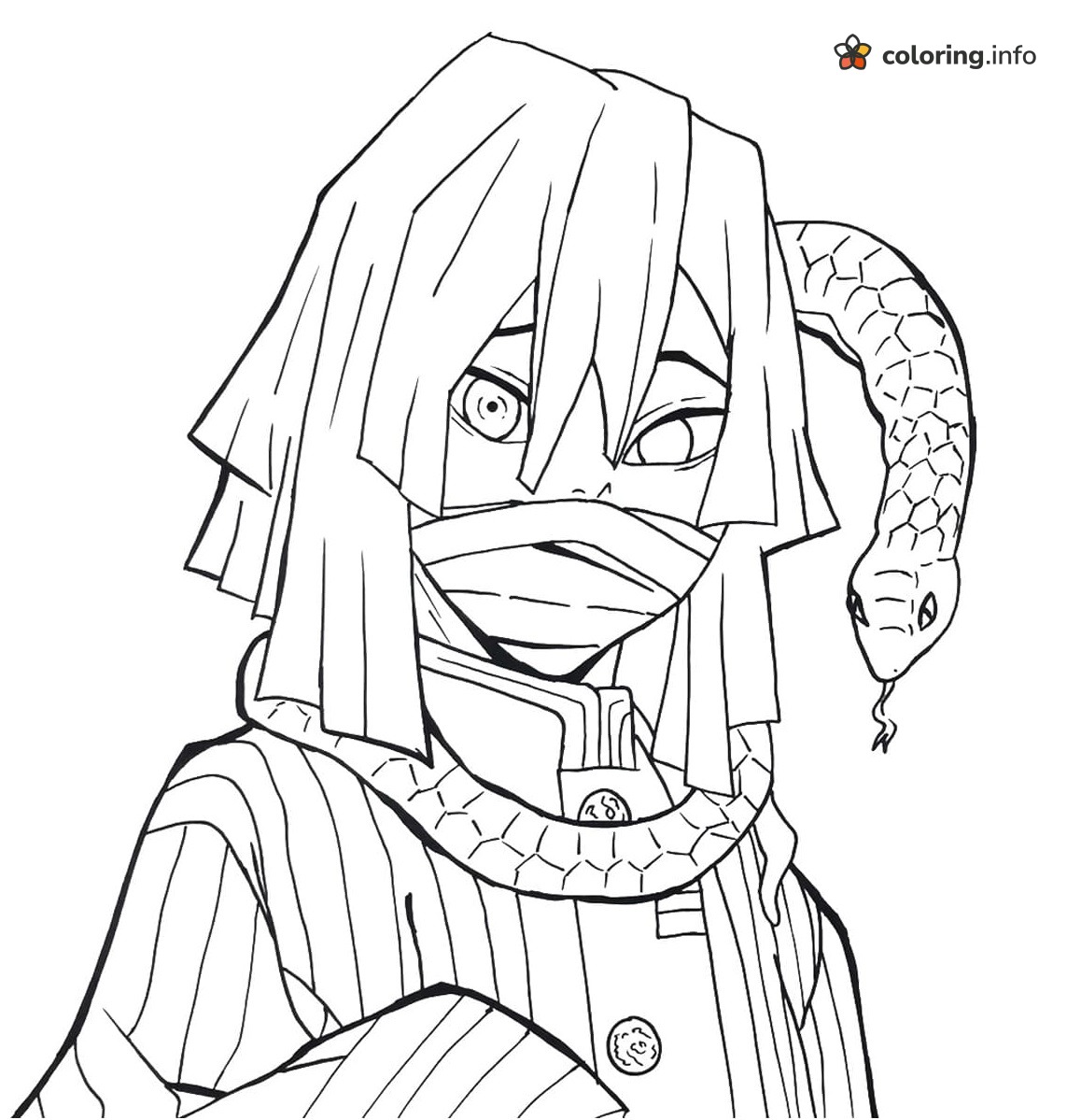 Obanai Iguro and His Snake, a Demon Slayer Portrait coloring page Obanai Iguro and His Snake, a Demon Slayer Portrait coloring page