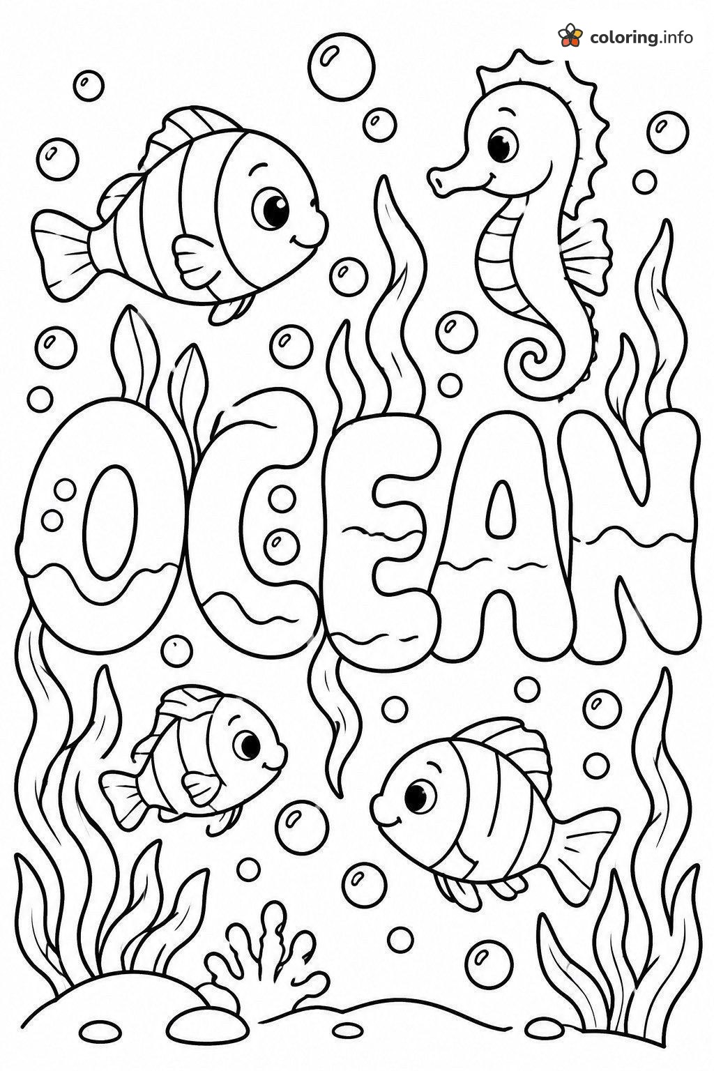 Underwater Word OCEAN with Seahorse and Striped Fish coloring page Underwater Word OCEAN with Seahorse and Striped Fish coloring page