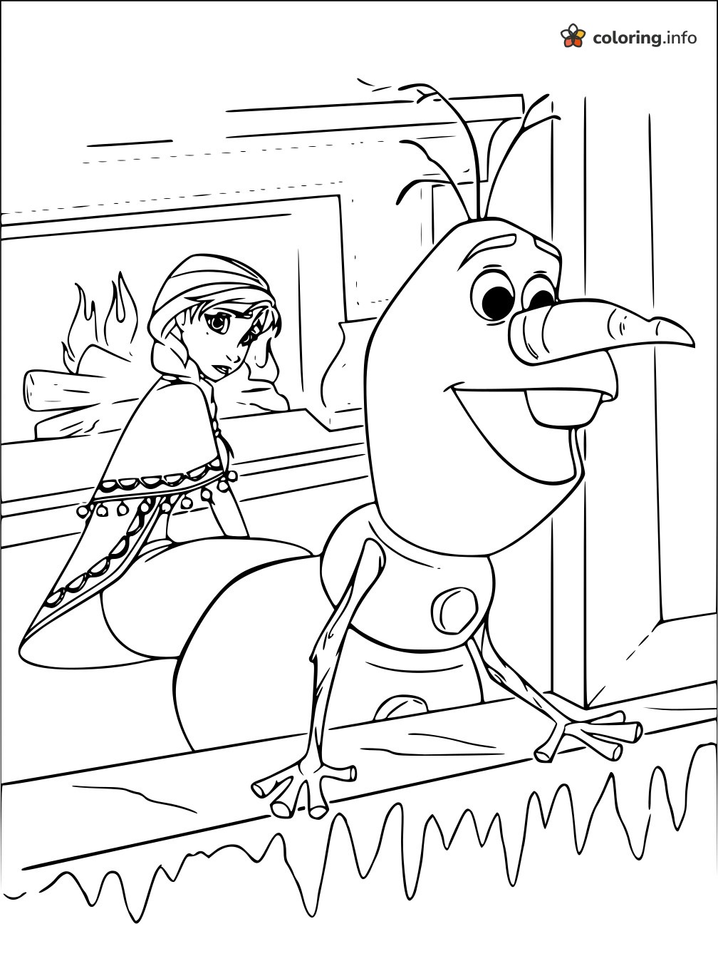 Anna and Olaf (Frozen) at the Icy Window Ledge printable coloring page Anna and Olaf (Frozen) at the Icy Window Ledge printable coloring page