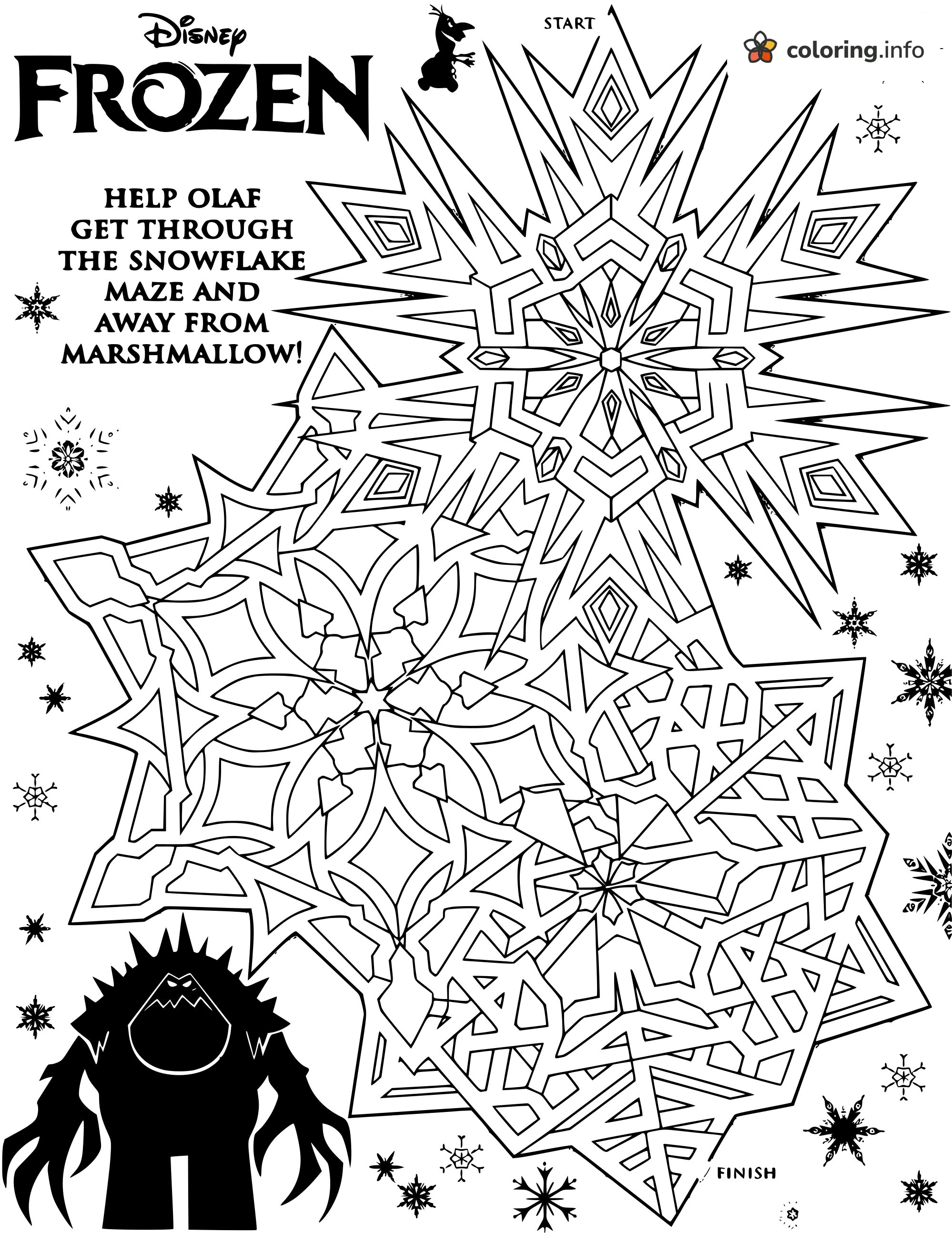 Snowflake Maze Puzzle: Olaf (Frozen) Versus Marshmallow coloring page Snowflake Maze Puzzle: Olaf (Frozen) Versus Marshmallow coloring page