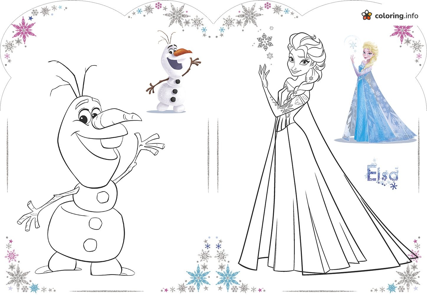 Olaf Waves While Elsa Makes Snowflake Magic in This Frozen Spread coloring sheet Olaf Waves While Elsa Makes Snowflake Magic in This Frozen Spread coloring sheet