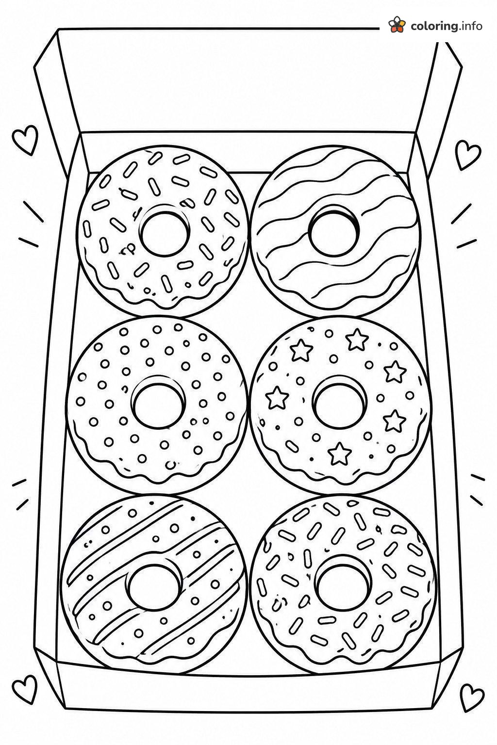 Six Decorated Donuts in an Open Bakery Box coloring page Six Decorated Donuts in an Open Bakery Box coloring page