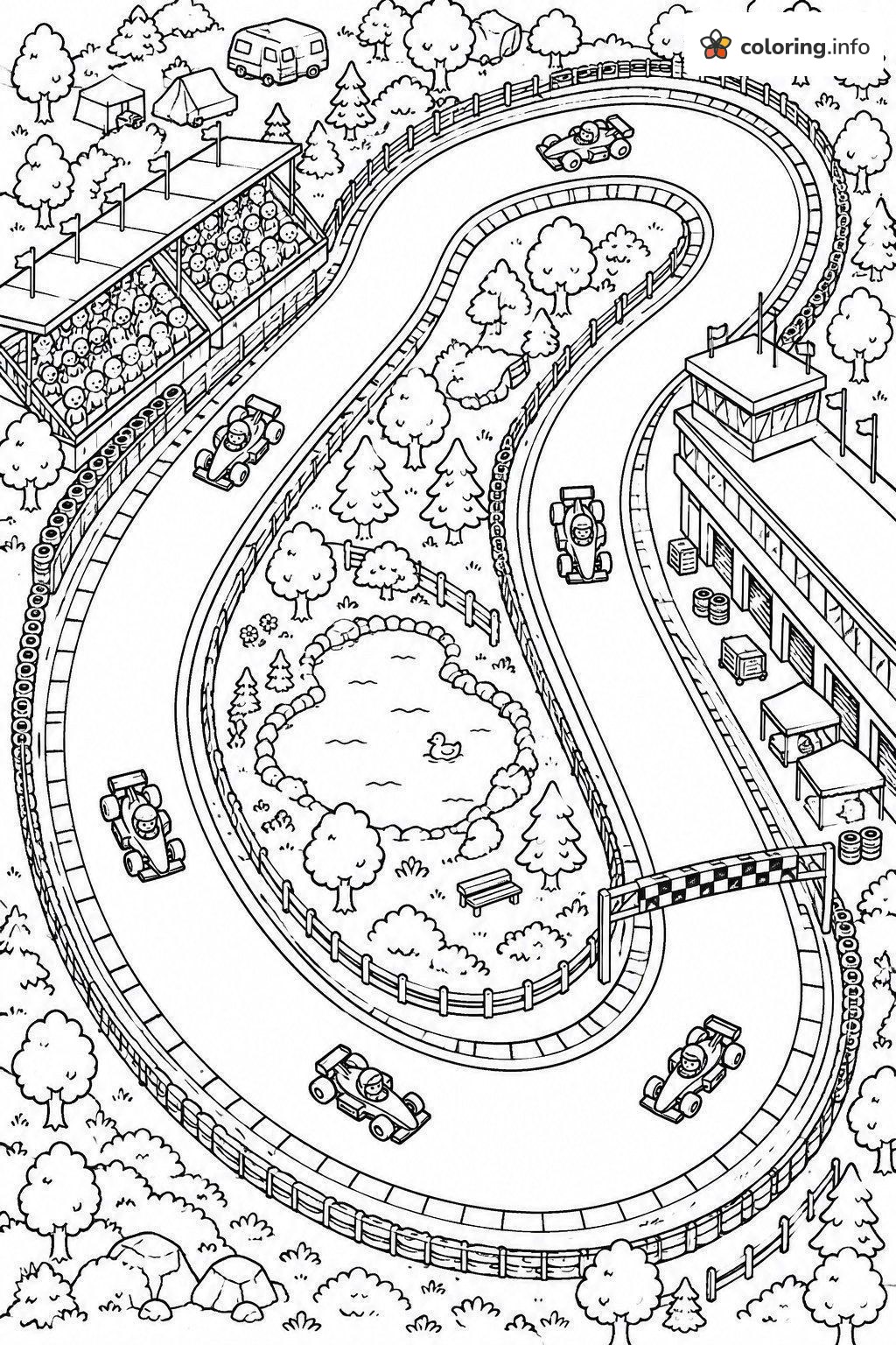 Six Open-Wheel Race Cars on an S-Shaped Track coloring page Six Open-Wheel Race Cars on an S-Shaped Track coloring page