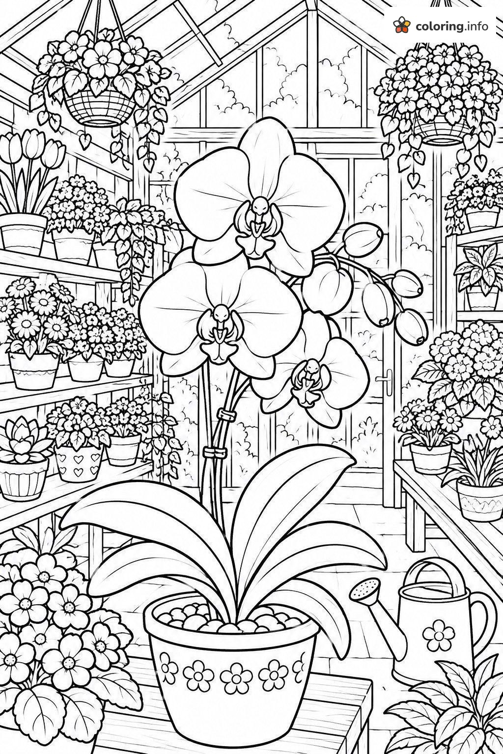 Orchid Flowers in a Pot Inside a Greenhouse coloring page Orchid Flowers in a Pot Inside a Greenhouse coloring page