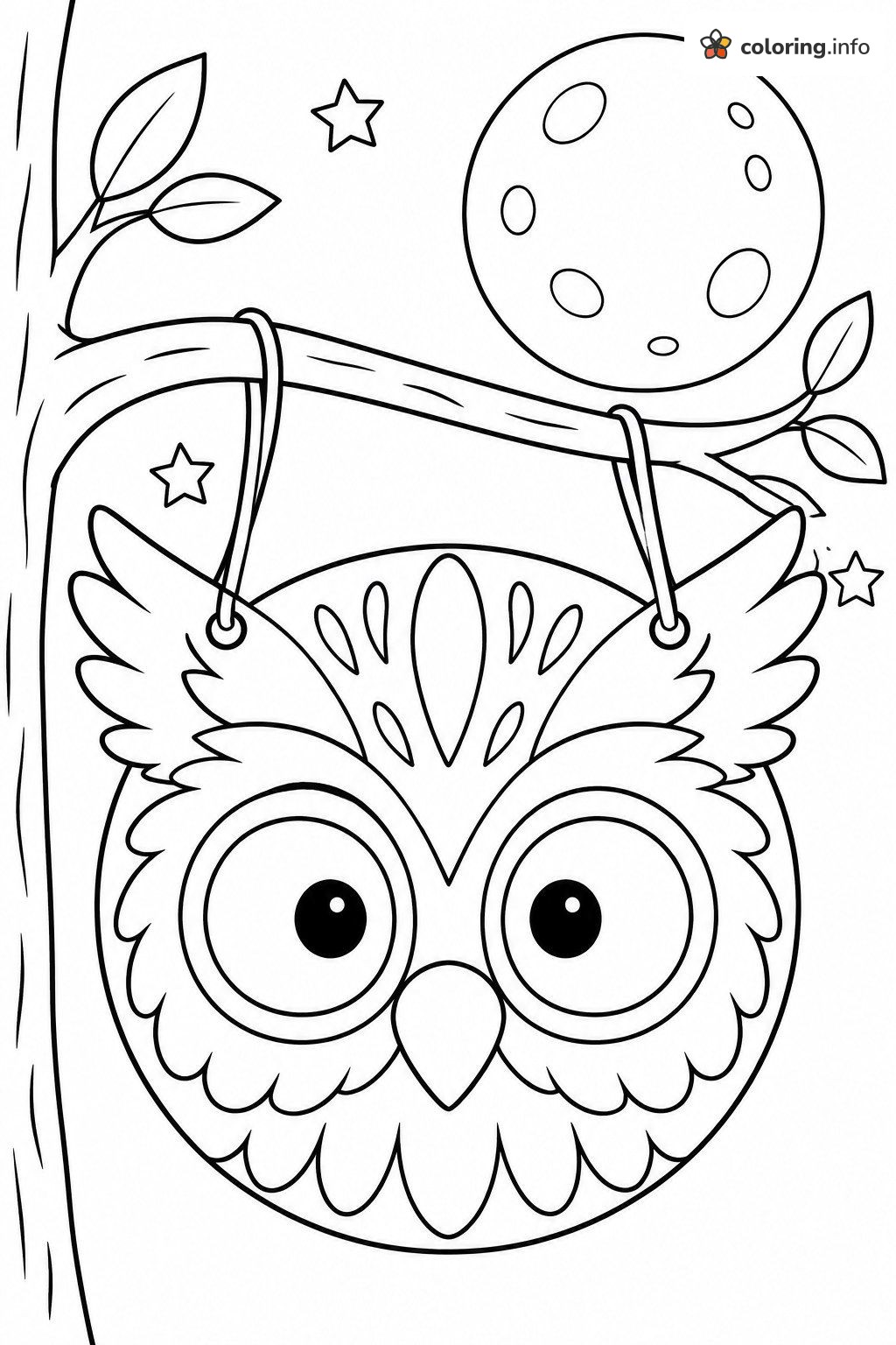 Hanging Owl Halloween Mask with a Full Moon and Stars coloring page Hanging Owl Halloween Mask with a Full Moon and Stars coloring page