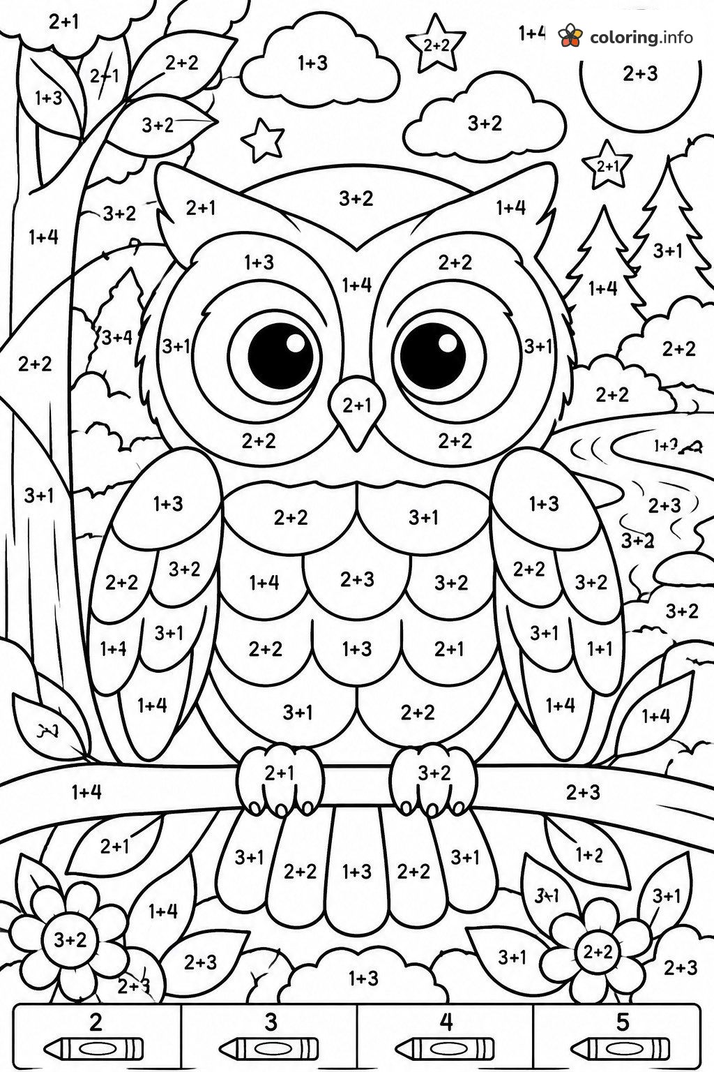 Owl on a Branch Math Pixel Art Addition Page coloring page Owl on a Branch Math Pixel Art Addition Page coloring page