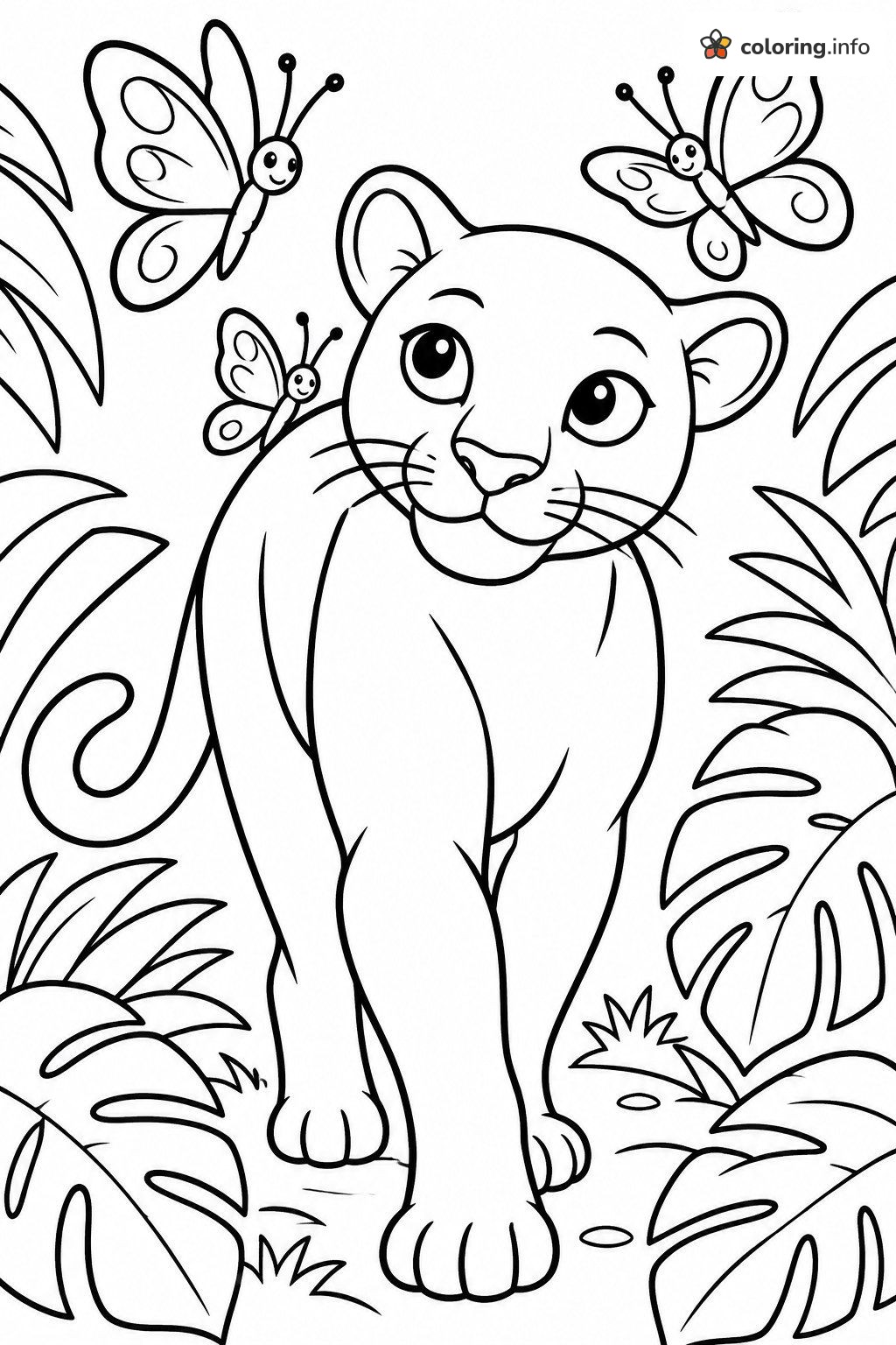 Smiling Black Panther Strolling Past Three Butterflies coloring page Smiling Black Panther Strolling Past Three Butterflies coloring page