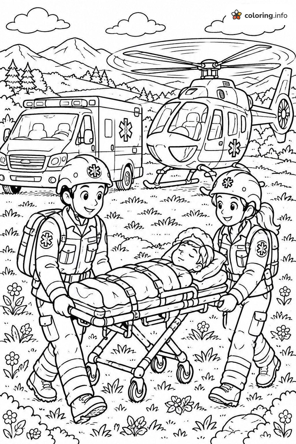 Stretcher Rescue Scene with Ambulance and Helicopter coloring page Stretcher Rescue Scene with Ambulance and Helicopter coloring page