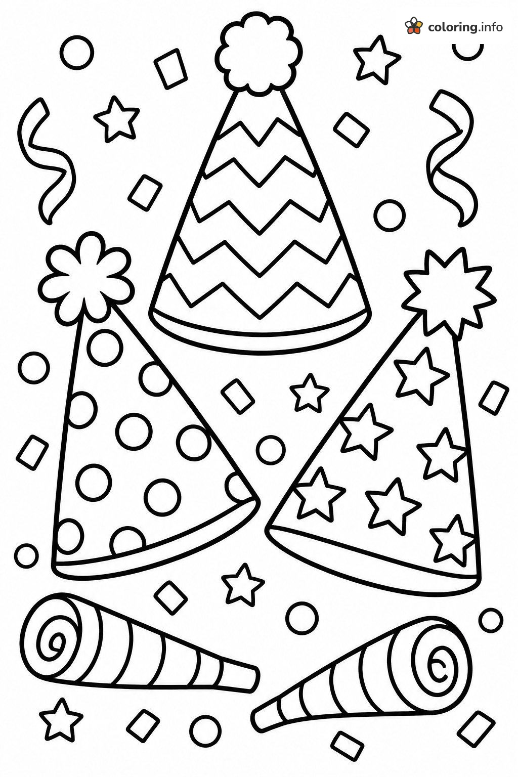 Happy Birthday Party Hats and Noisemakers coloring page Happy Birthday Party Hats and Noisemakers coloring page