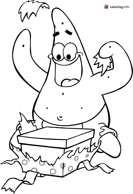 Patrick Unwrapping a Present, SpongeBob SquarePants Printable coloring page Patrick Unwrapping a Present, SpongeBob SquarePants Printable coloring page