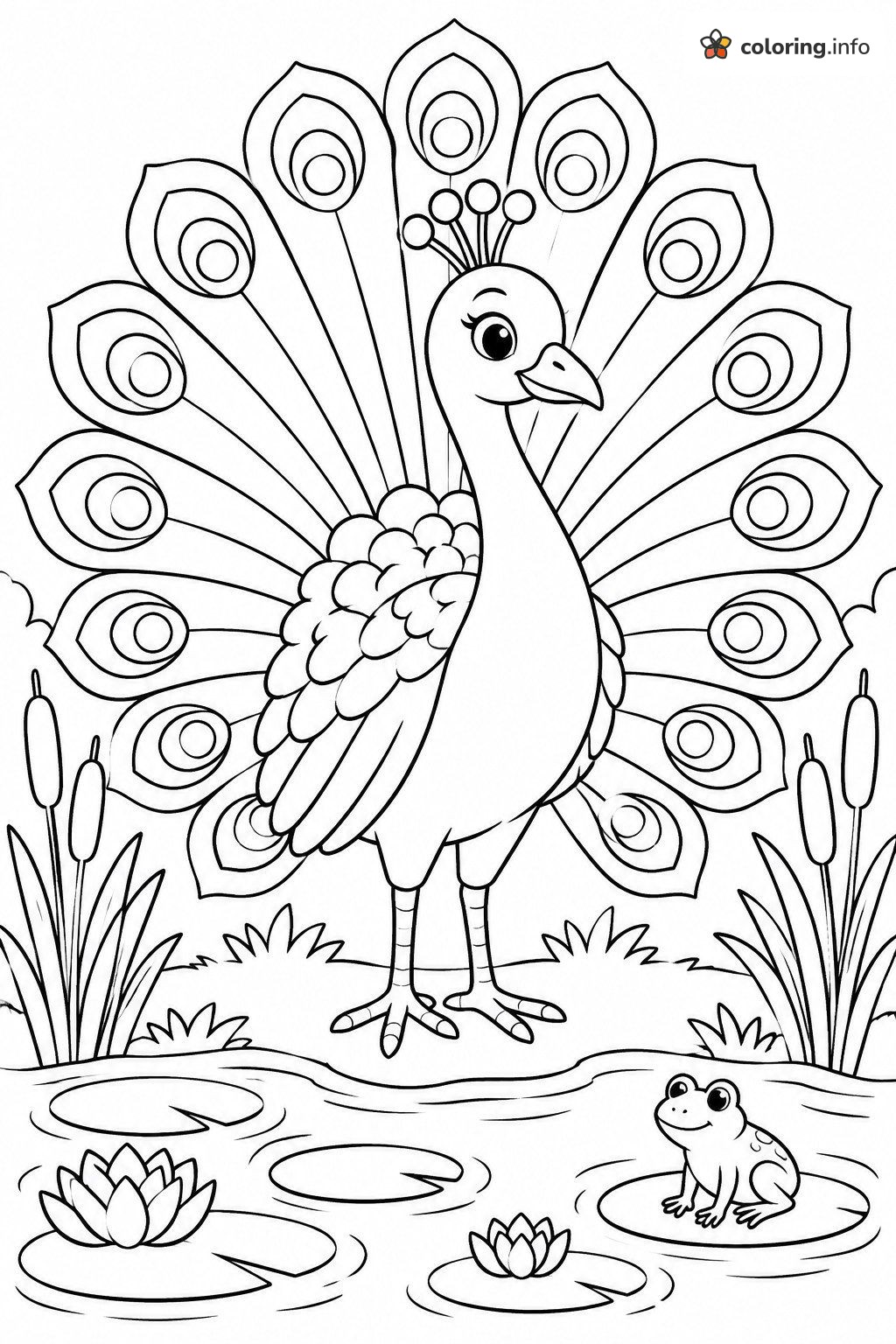 Peacock Beside a Lily Pond with a Little Frog coloring sheet Peacock Beside a Lily Pond with a Little Frog coloring sheet