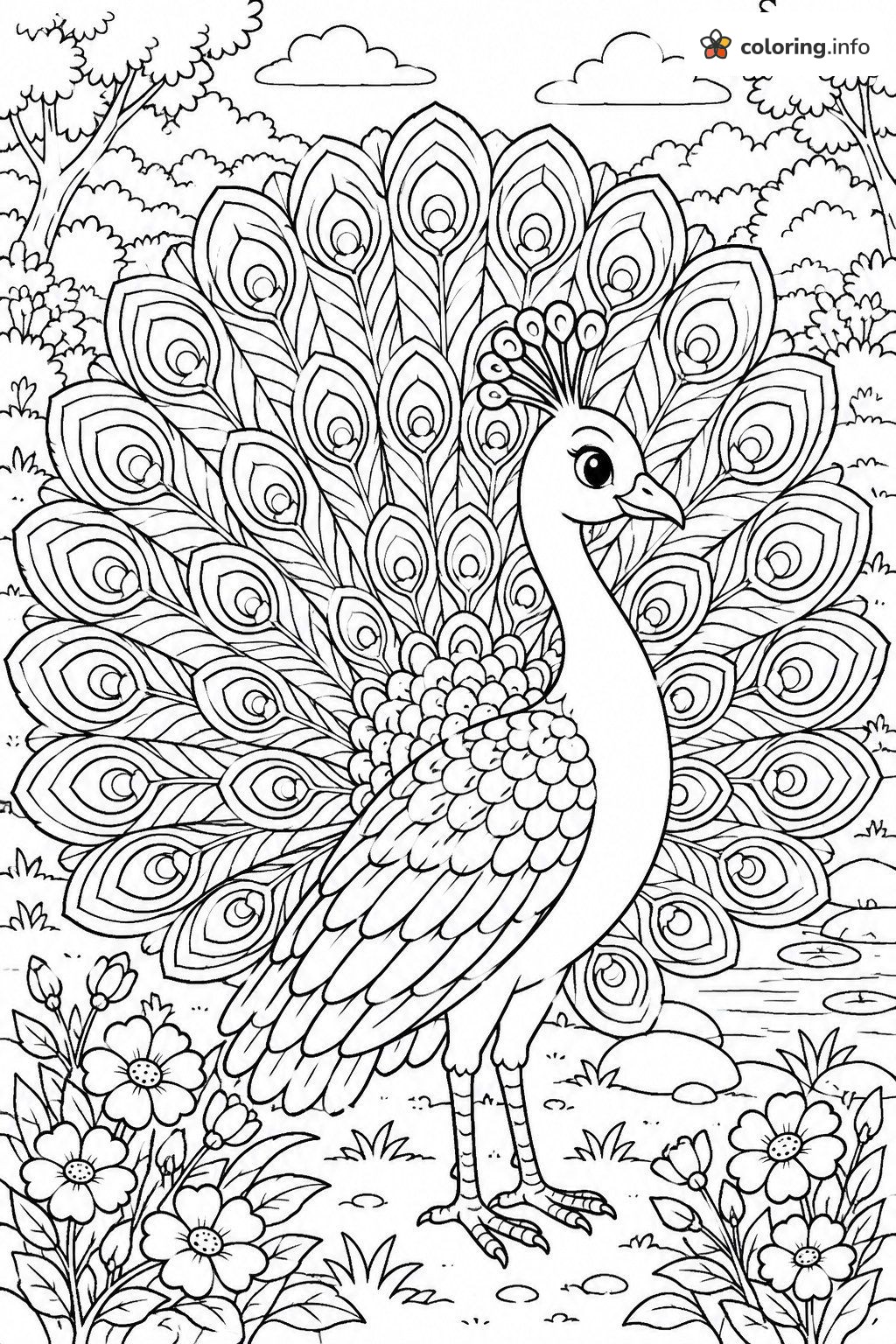 Peacock with a Fanned Tail in a Flower Garden (Hard / Detailed) coloring sheet Peacock with a Fanned Tail in a Flower Garden (Hard / Detailed) coloring sheet