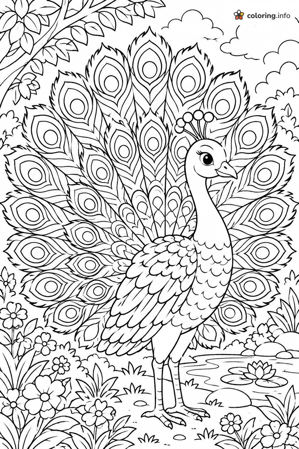 Peacock in the Garden, Advanced Designs Coloring Page Peacock in the Garden, Advanced Designs Coloring Page