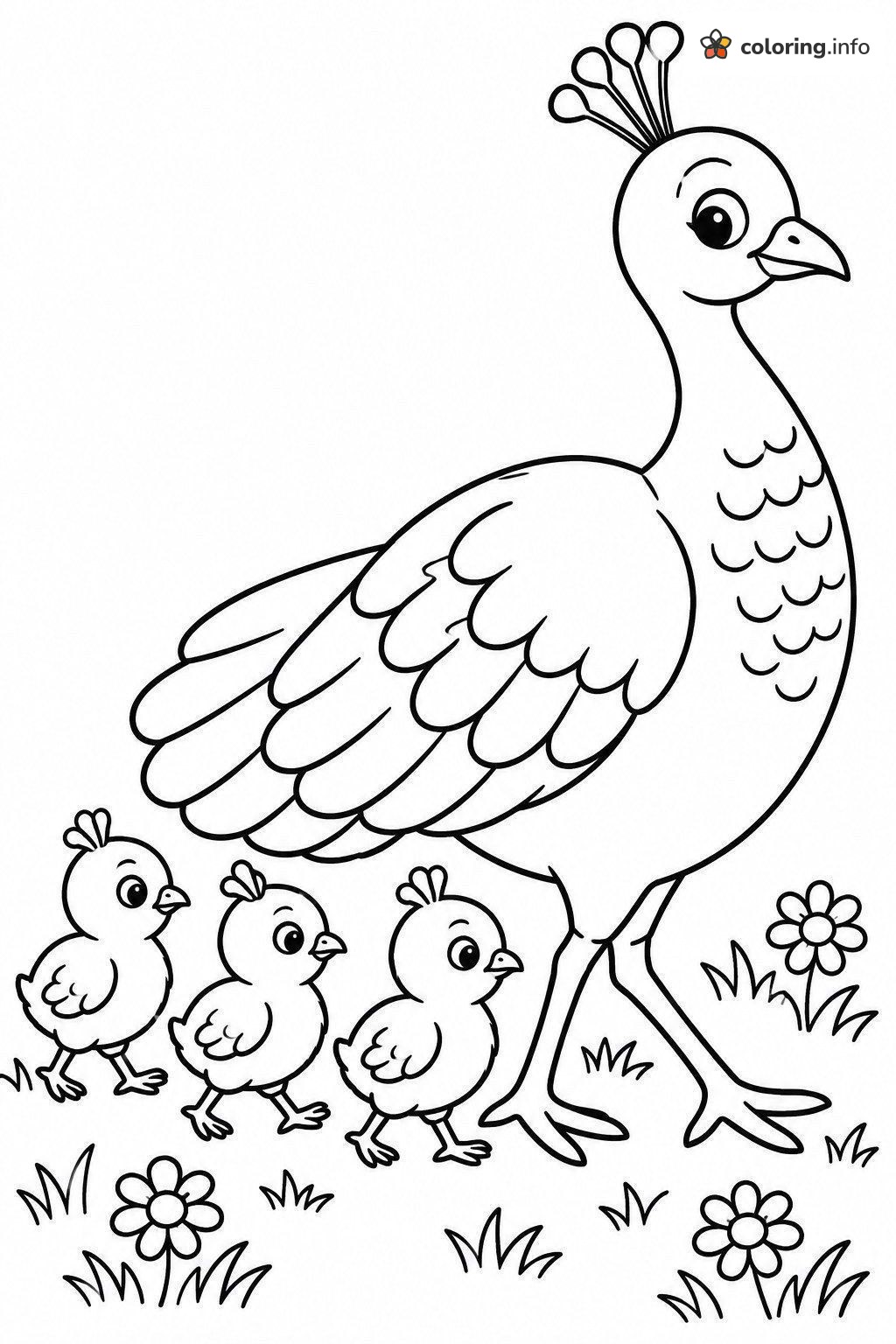 Peacock Mom and Three Chicks Walking Through Grass coloring page Peacock Mom and Three Chicks Walking Through Grass coloring page